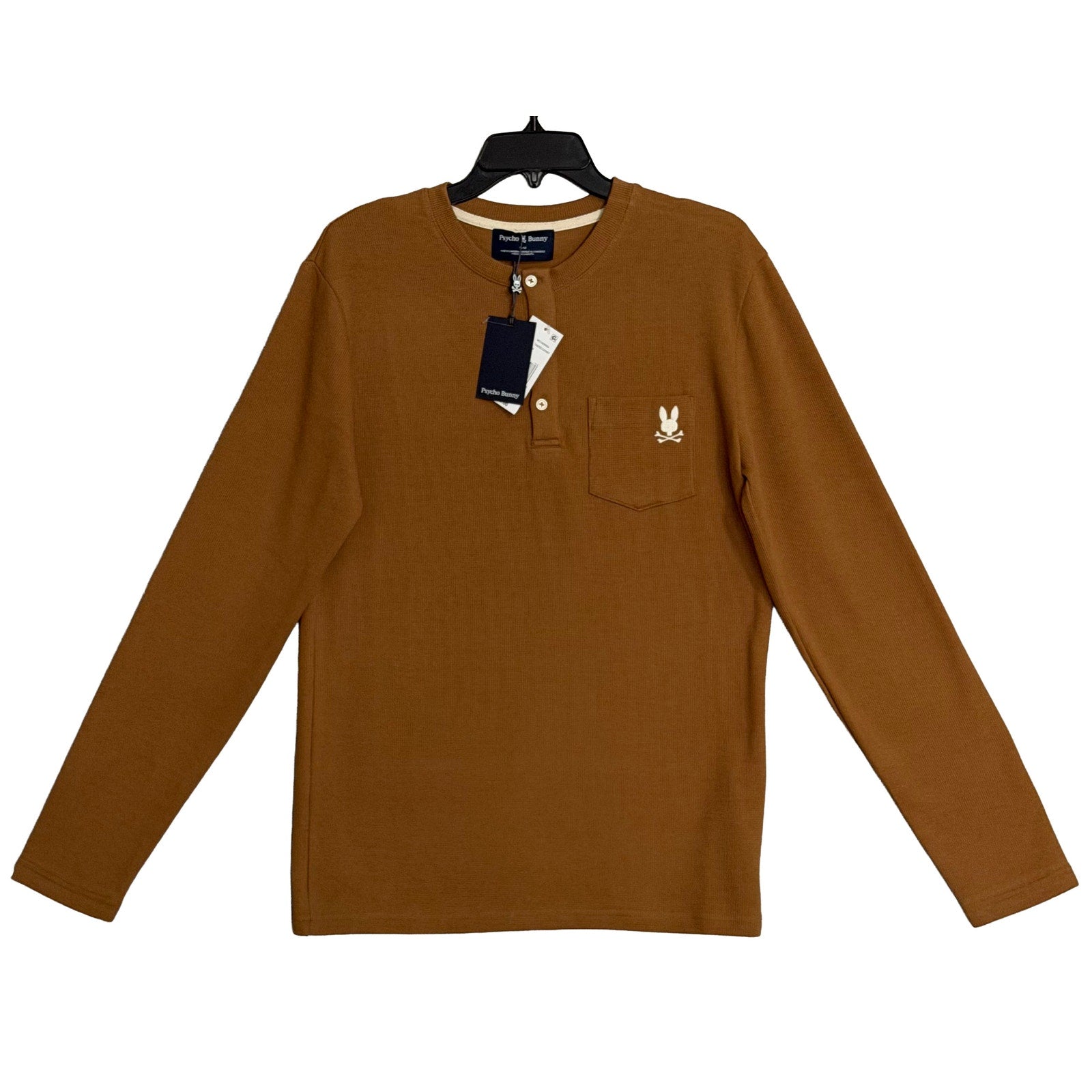 Psycho Bunny Henley T-Shirt Men's Medium Long Sleeve Chest Pocket Toasted Coconut