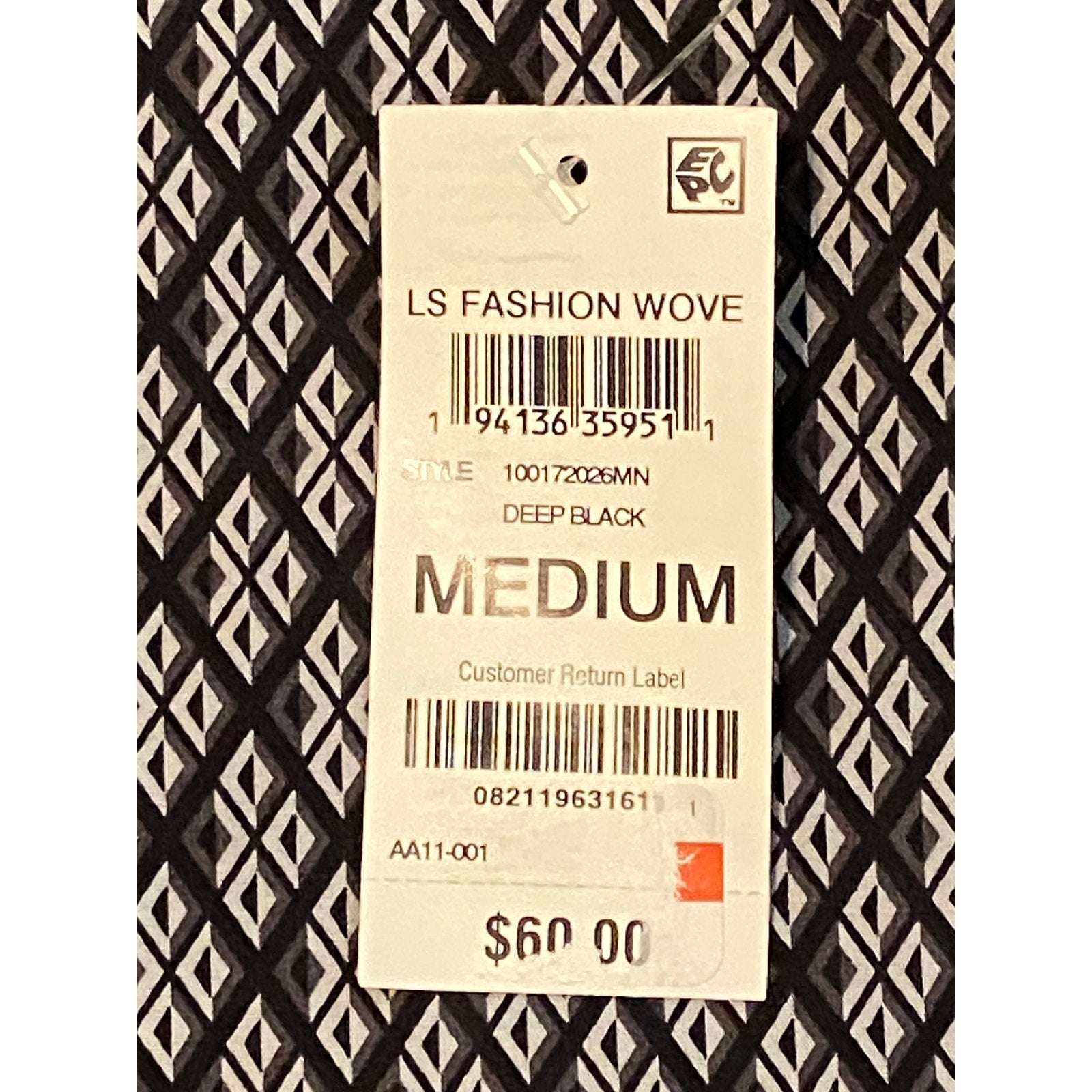 Alfani Dress Shirt Men's Medium Button-Up Cotton Long Sleeve Black Geo Print