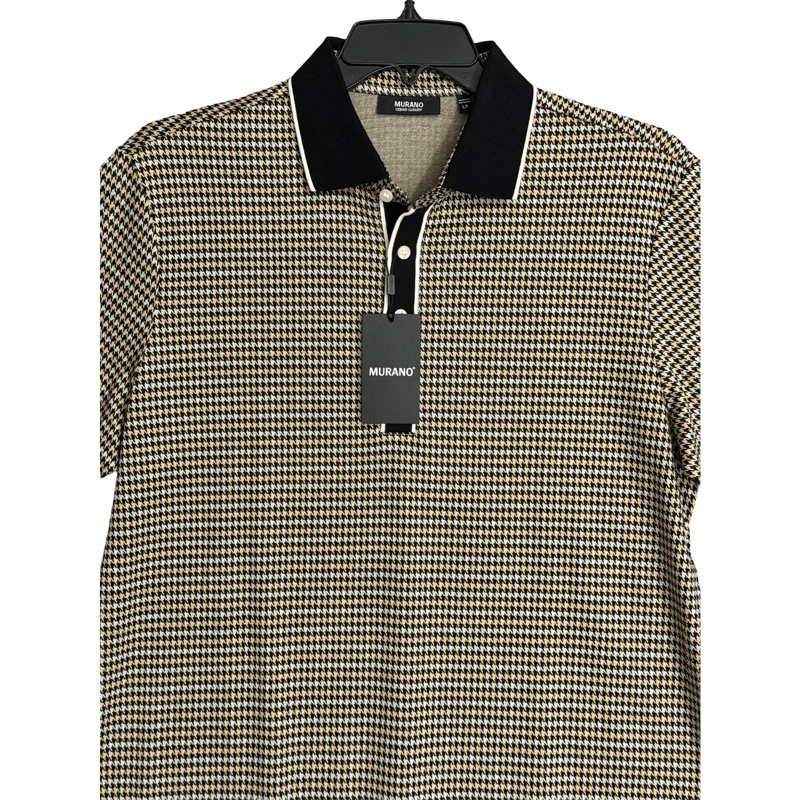 Murano Polo Shirt Men's LT Big & Tall Short Sleeve Brown Black Houndstooth