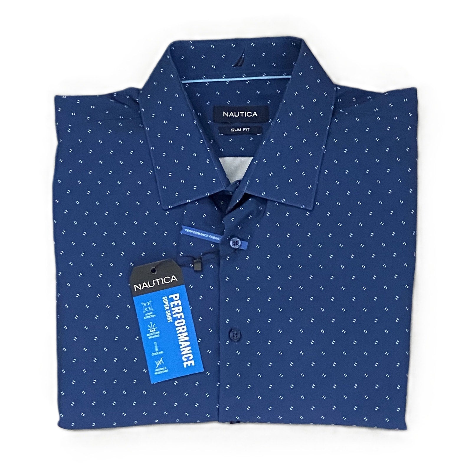 Nautica Dress Shirt Men's XL 17-17.5 34/35 Performance Slim Fit Blue Geo