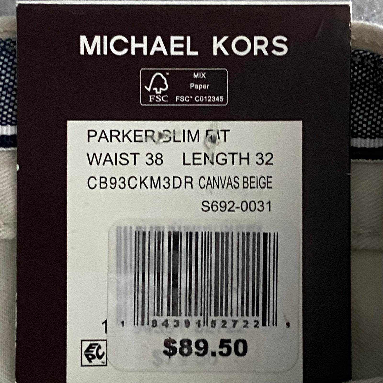 Michael Kors Men's 38x32 Parker Slim Fit Stretch Denim Pants Beige