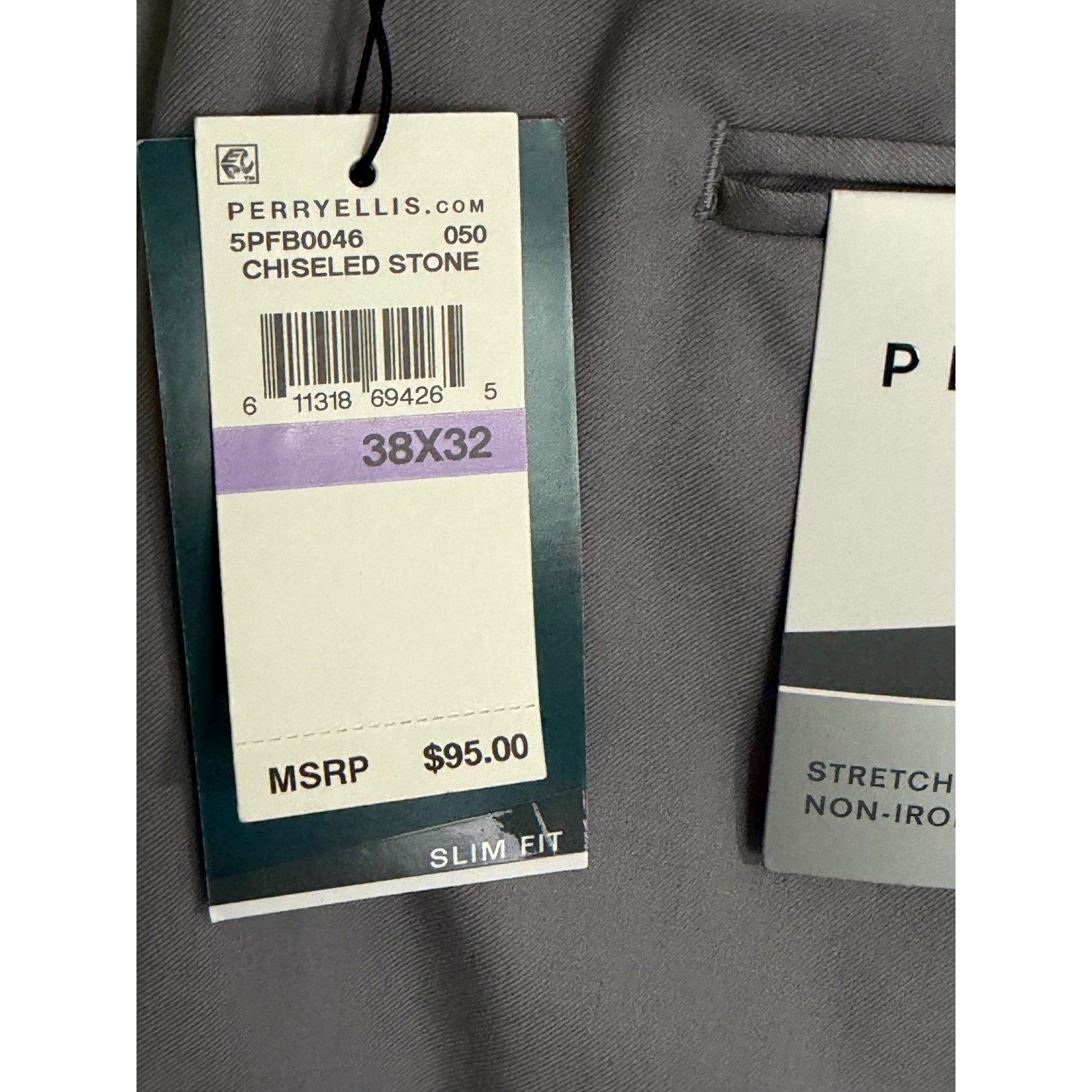 Perry Ellis Portfolio Pants Men's 38"x32" Slim Fit Dress Pant Chiseled Stone