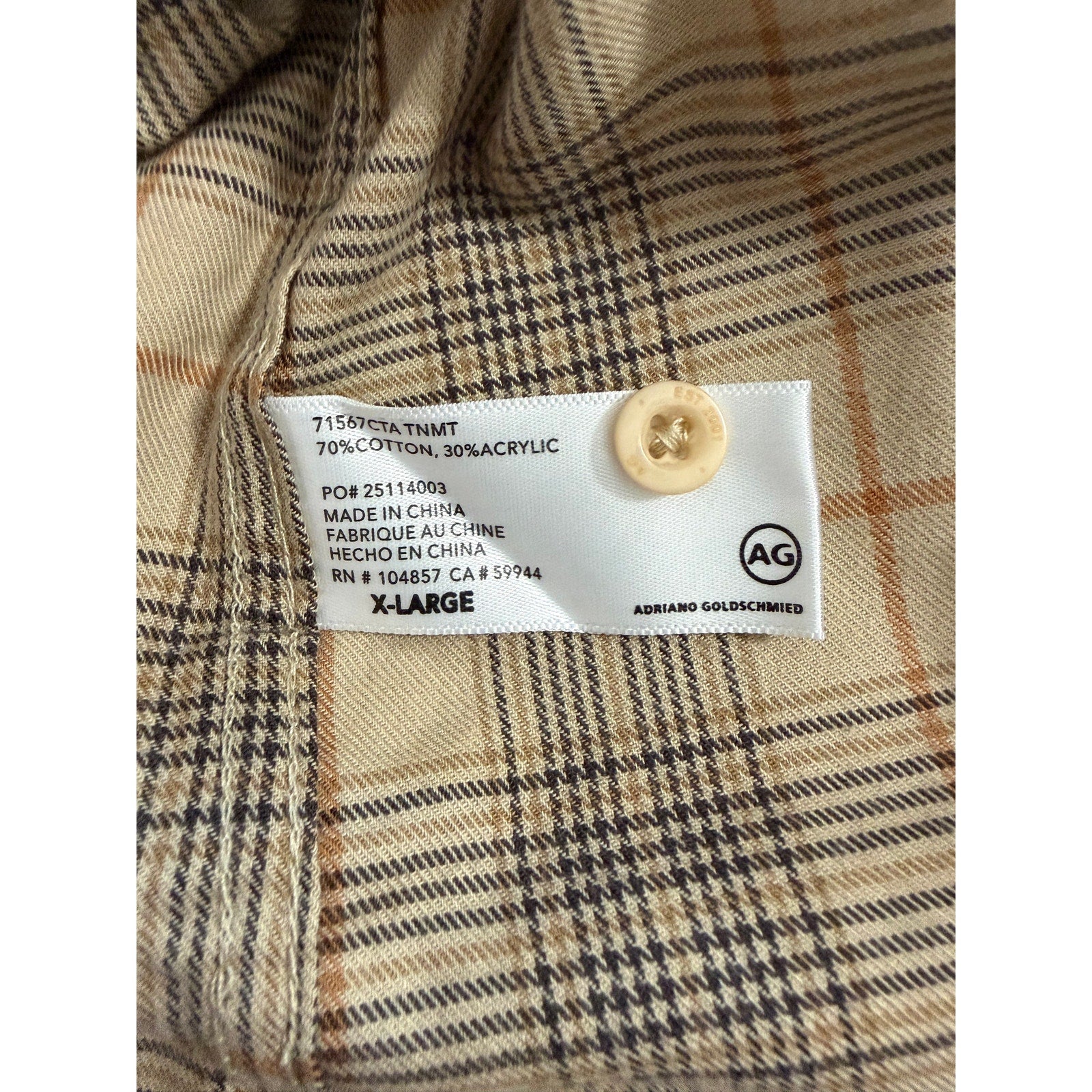 AG Los Angeles Wayne Work Shirt Men's XL Relaxed Fit Tan Plaid
