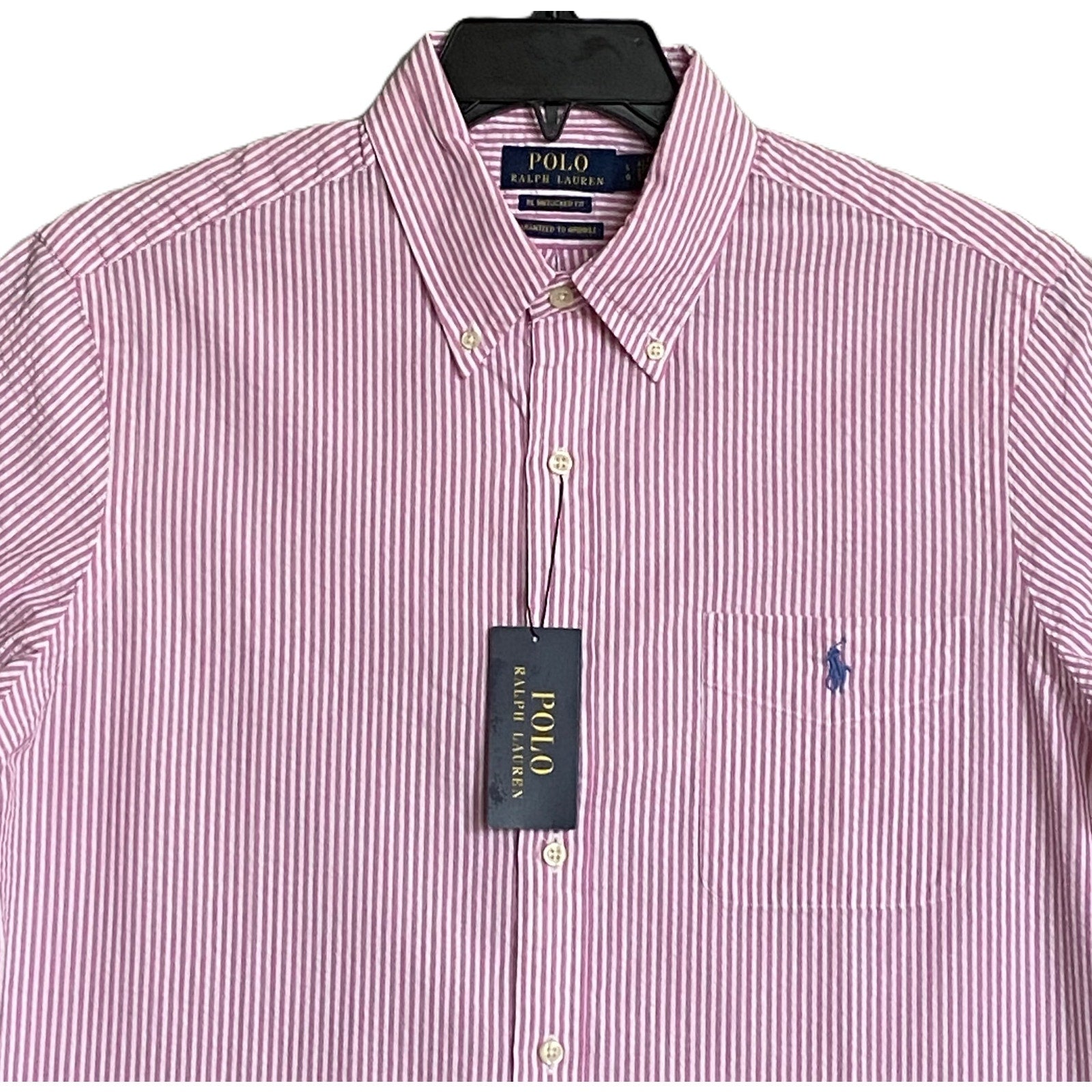 Polo Ralph Lauren Shirt Pink Seersucker Short Slv Untucked Fit Men's Large