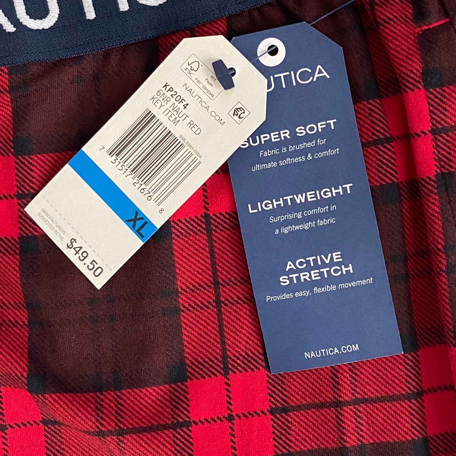 Nautica Sleep Pant Men's XL RestLuxe Elastic Waist Pockets Red & Black Check
