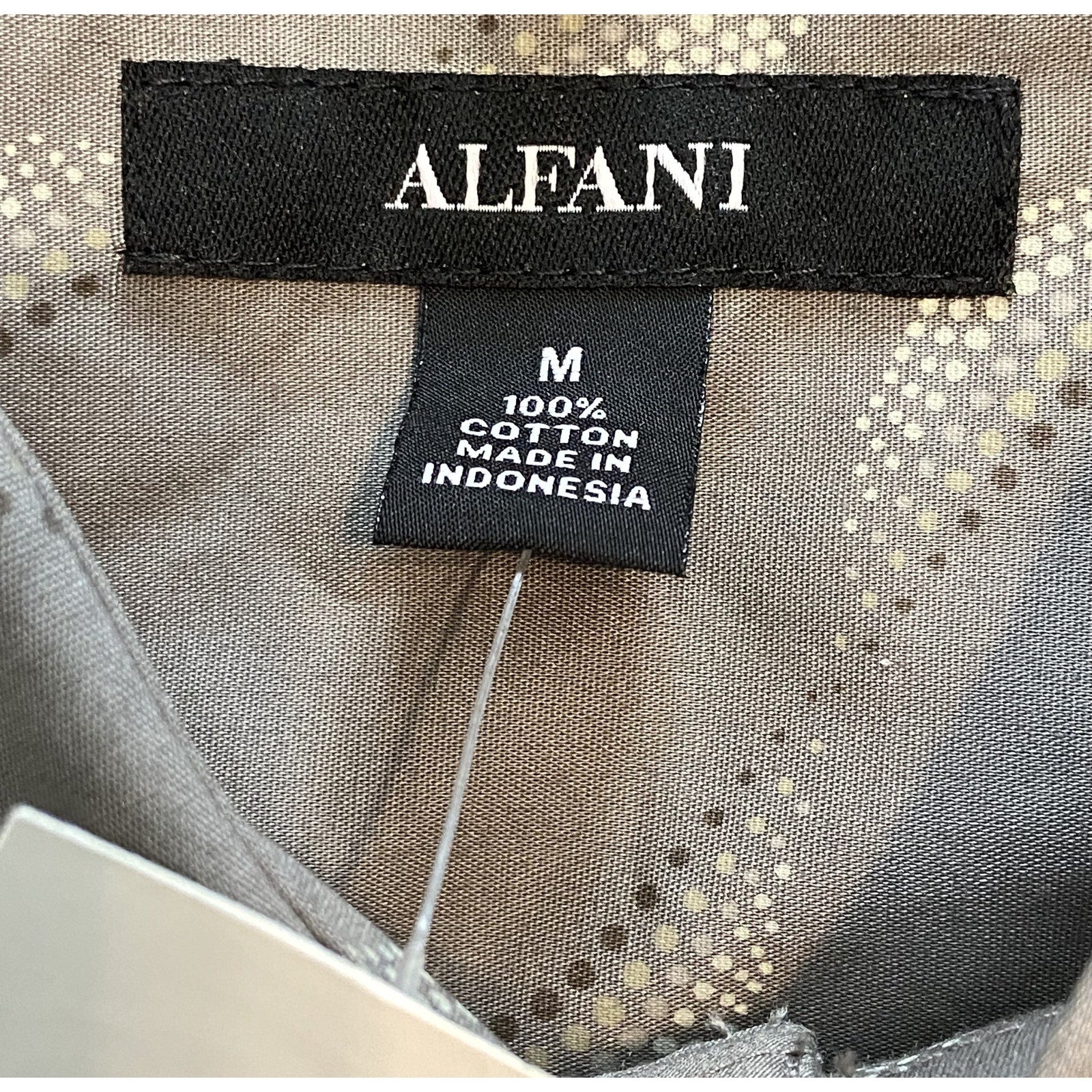 Alfani Dress Shirt Men's Medium Button-Up Long Sleeve Cotton Taupe Geo Print