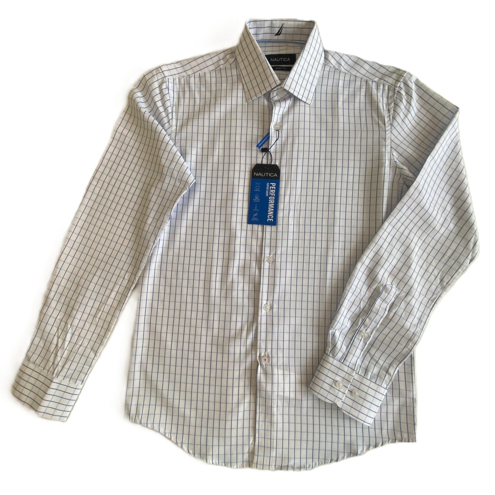 Nautica Dress Shirt Men's 14-14.5 32/33 Performance Slim Fit Blue Check