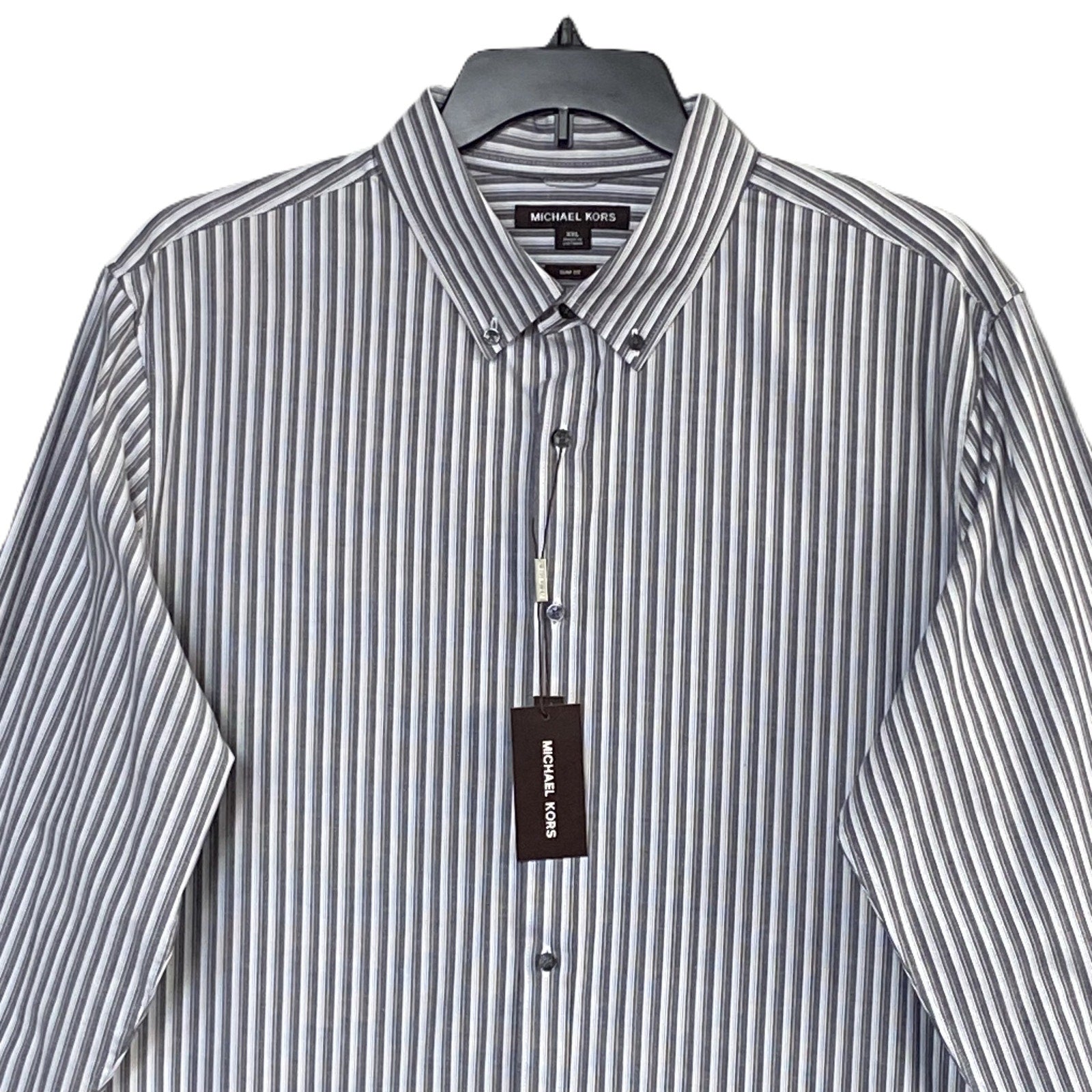 Michael Kors Shirt Men's XXL Slim Fit Long Sleeve Stretch Grey Pinstripe