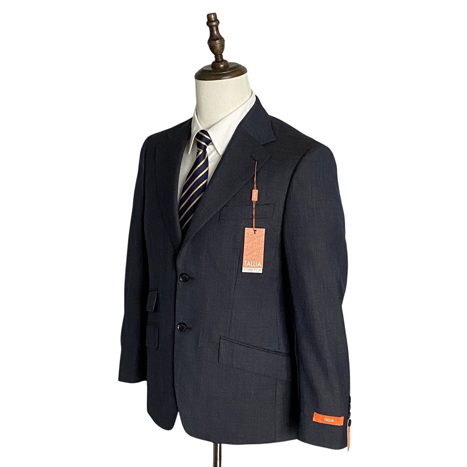 Tallia Suit Jacket Men's 38 Short Wool Blend Stretch Navy Brown Stripe