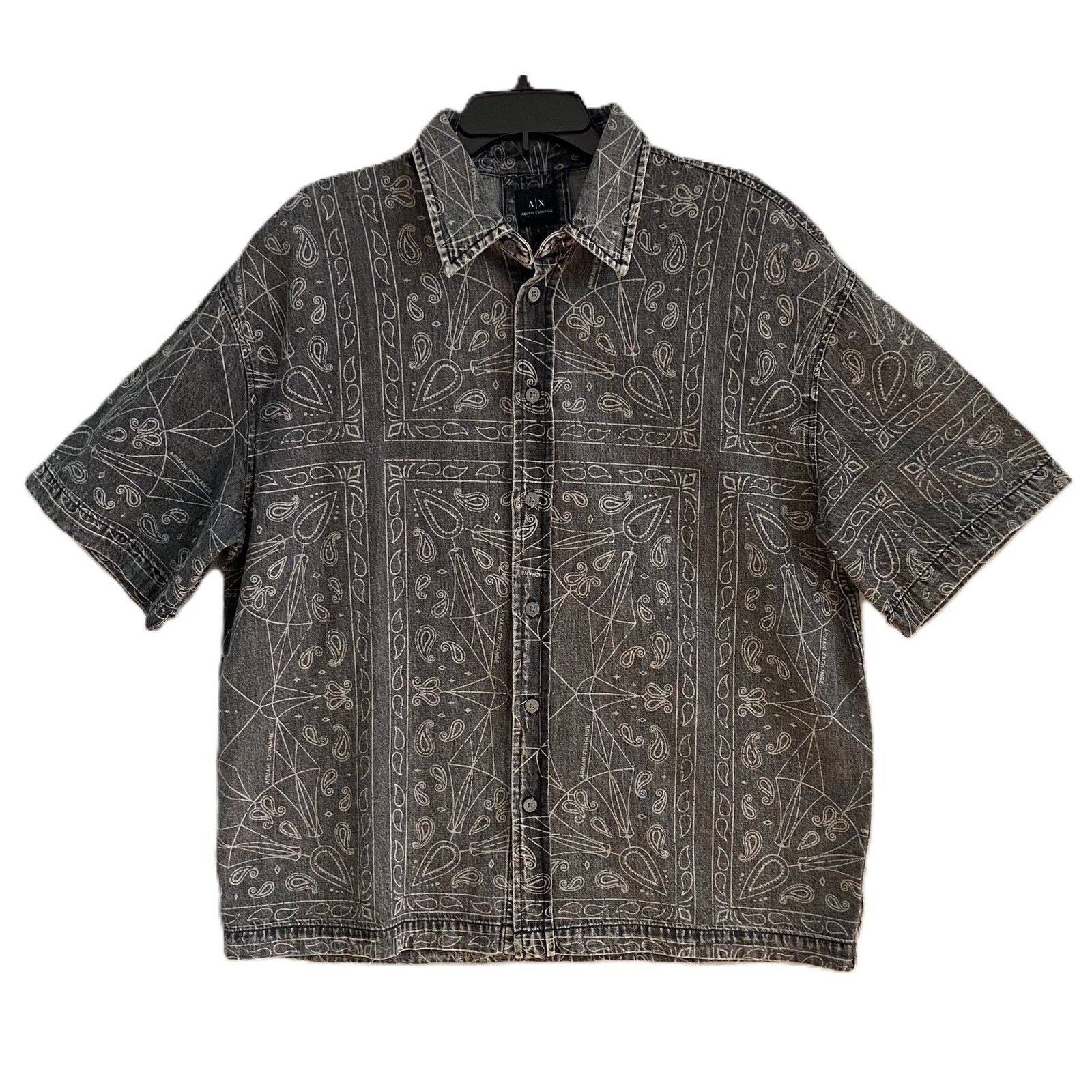 Armani Exchange Shirt Men's XL Regular Fit Short Sleeve Charcoal Paisley