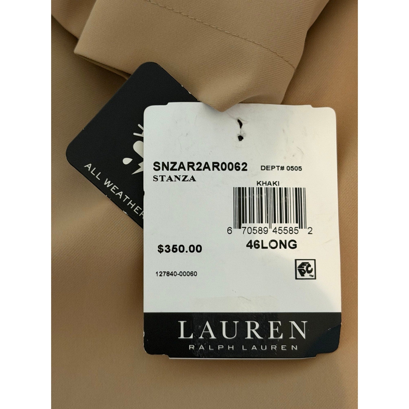 Lauren Ralph Lauren Coat Men's 46 Long All-Weather Coat Stanza Solid Khaki