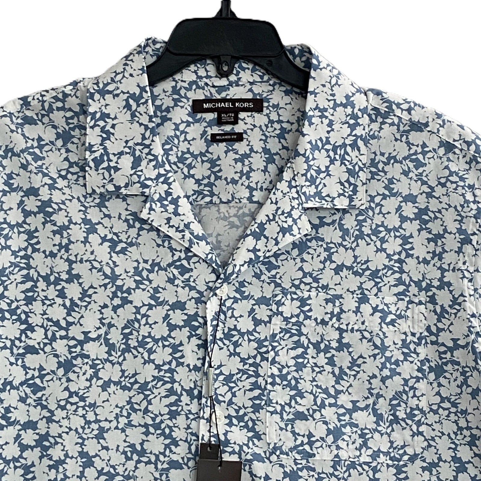 Michael Kors Camp Shirt Men's XL Relaxed Fit Blue Chambray White Floral