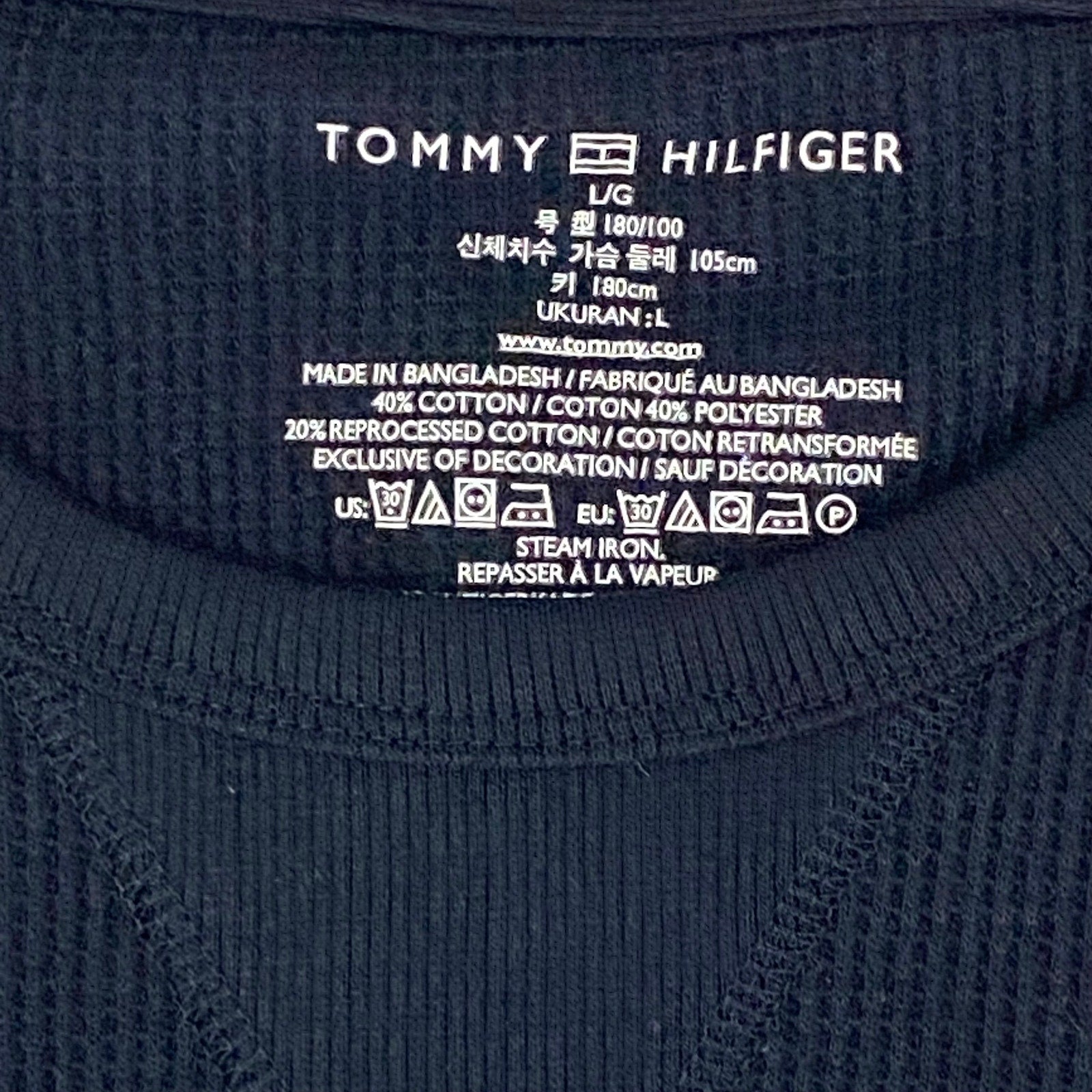 Tommy Hilfiger Tee Men's Large Long Sleeve Waffle-Knit Crew Neck Navy Blue
