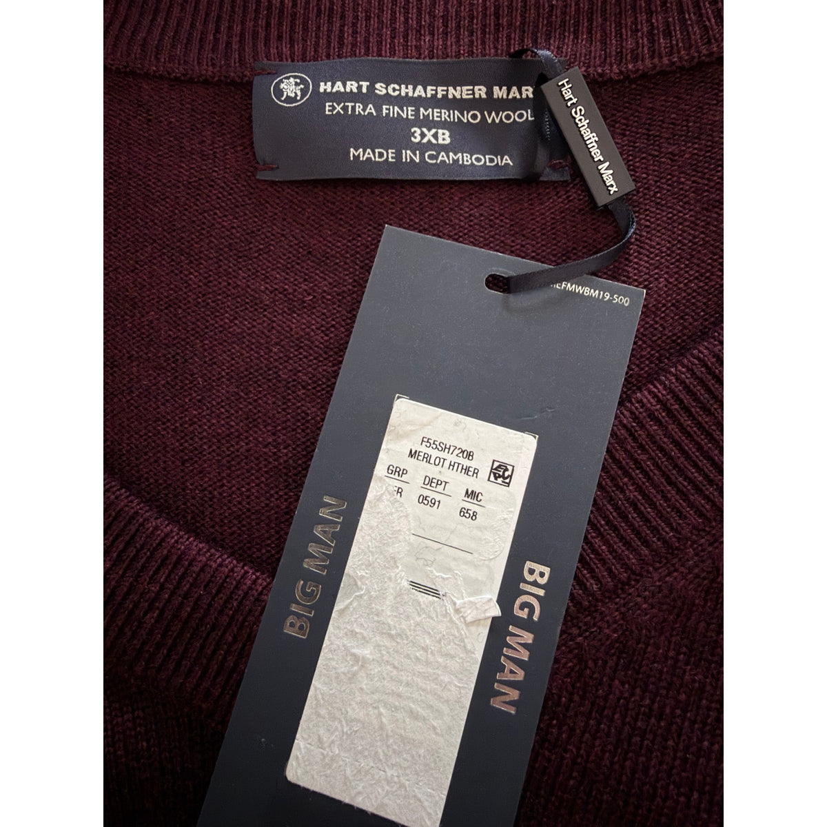 Hart Schaffner Marx Sweater Men's 3XB Big & Tall V-Neck Merino Wool Merlot NWT