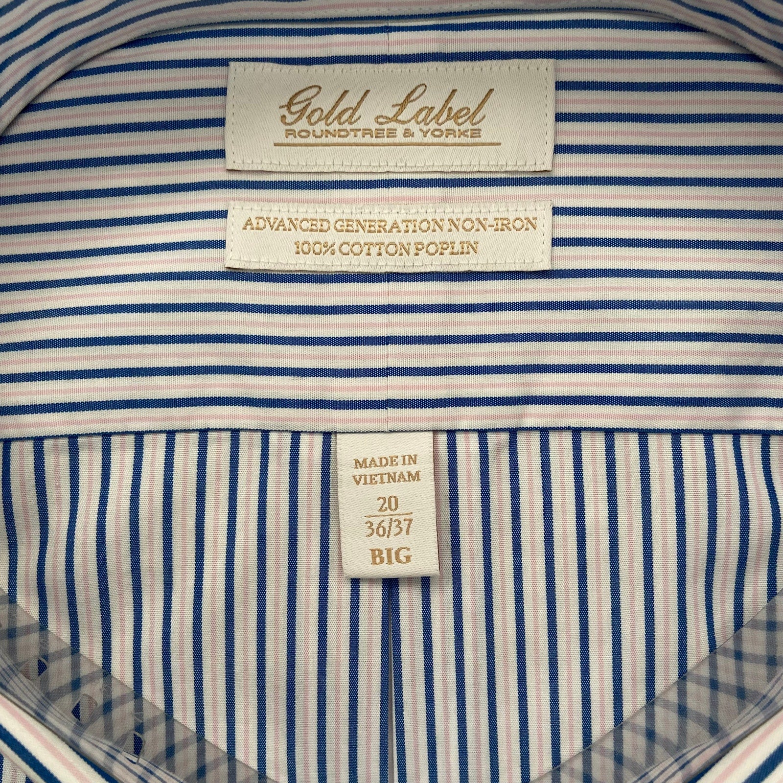 Roundtree & Yorke Shirt Big & Tall Men's 20 36/37 Blue/Pink Strp Dress Shirt