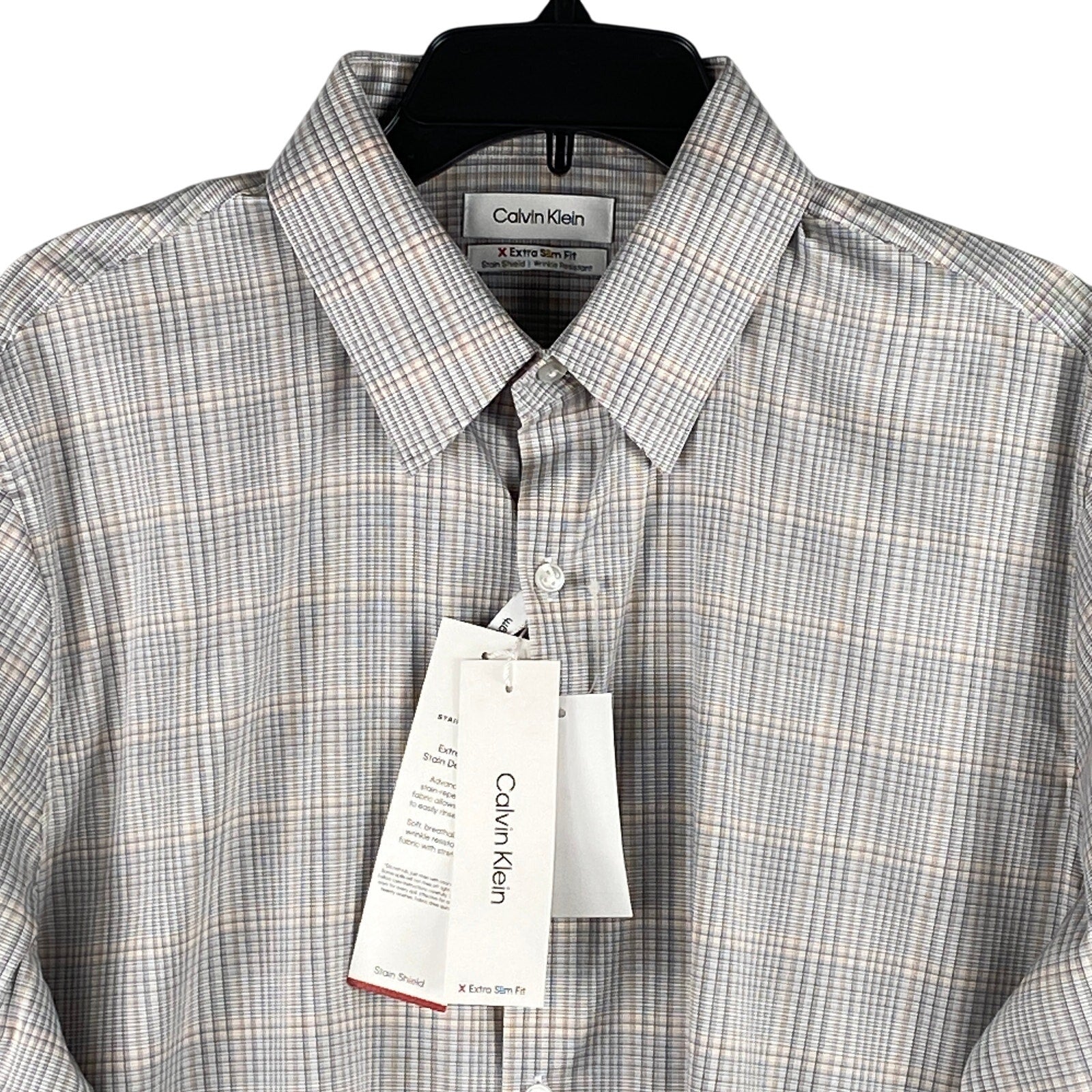 Calvin Klein Dress Shirt Men's Large Extra-Slim Fit Stain Shield Coral Plaid