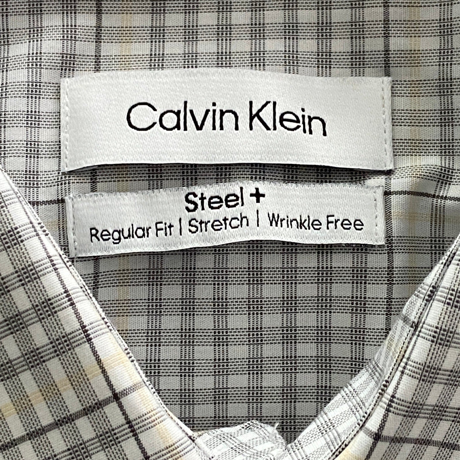Calvin Klein Dress Shirt Men's Large Steel+ Regular Fit Stretch Grey Plaid