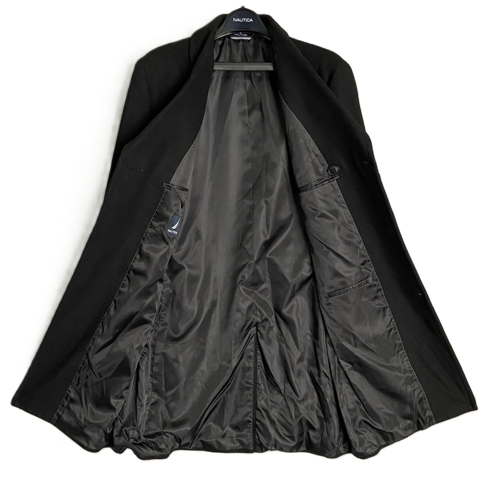 Nautica Men's 44 Long Overcoat Double-Breasted Wool Blend Lined Solid Black