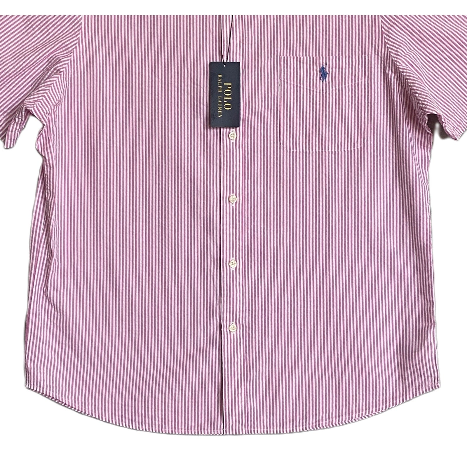 Polo Ralph Lauren Shirt Pink Seersucker Short Slv Untucked Fit Men's Large