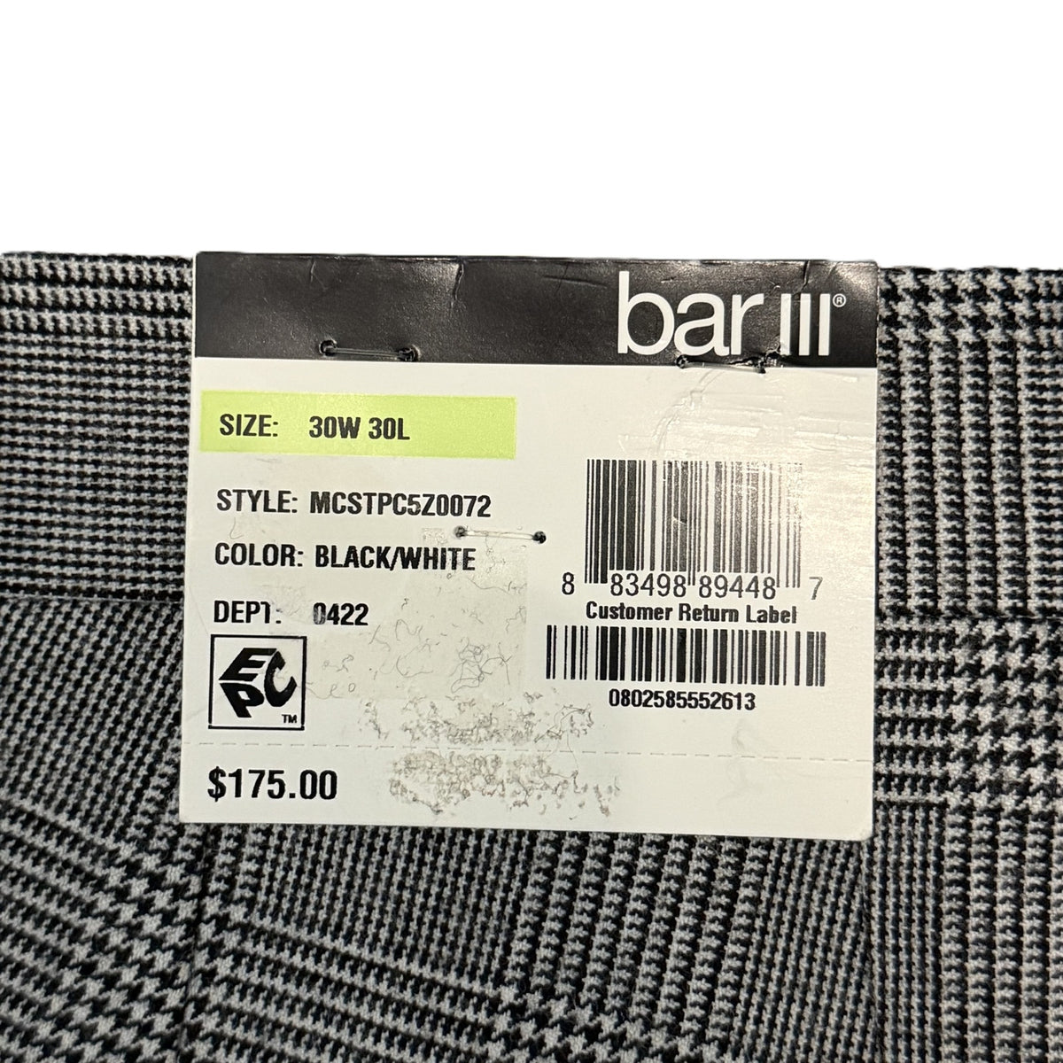 Bar III Dress Pant Men's 30"x30" Slim Fit Wool Blend Black/White Plaid