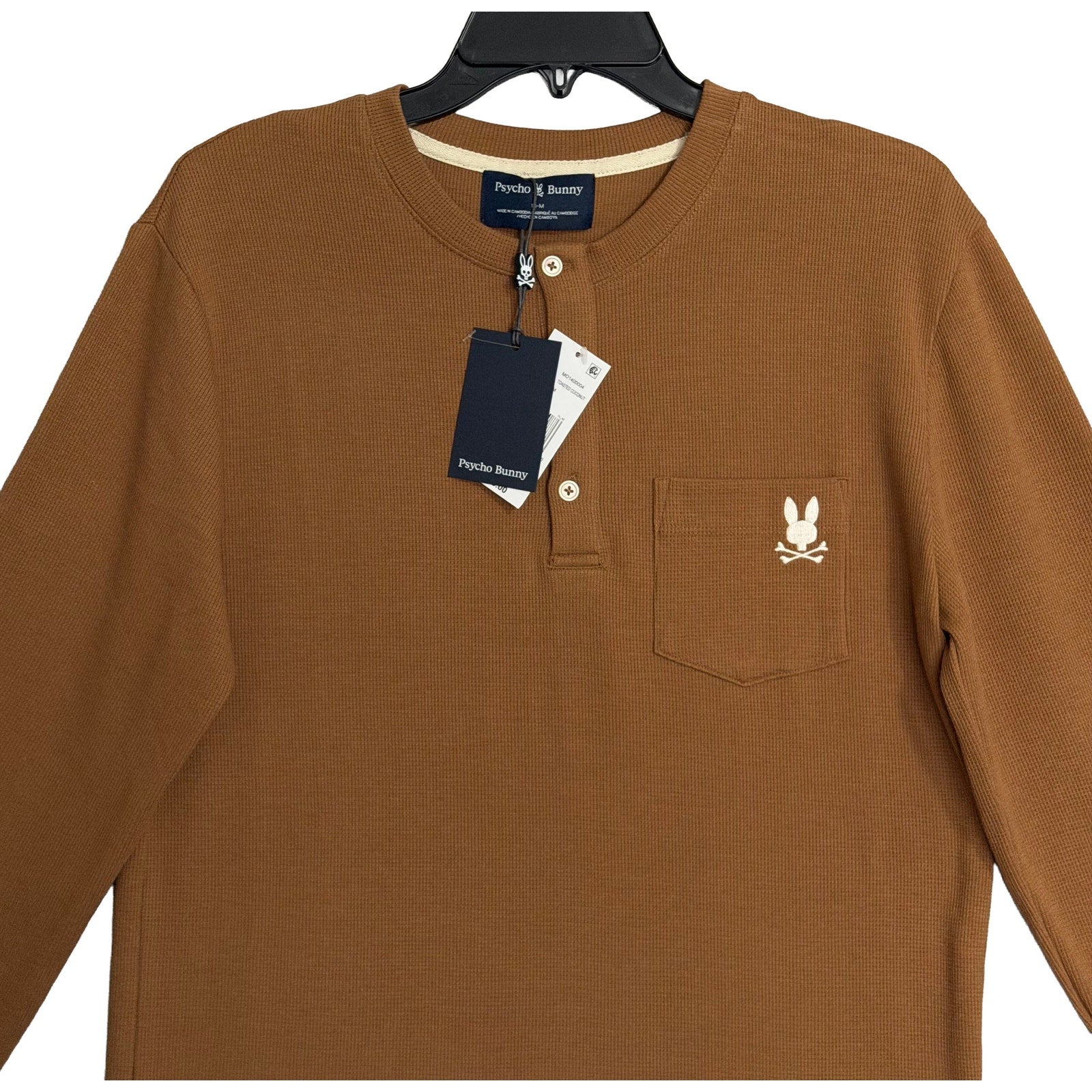 Psycho Bunny Henley T-Shirt Men's Medium Long Sleeve Chest Pocket Toasted Coconut