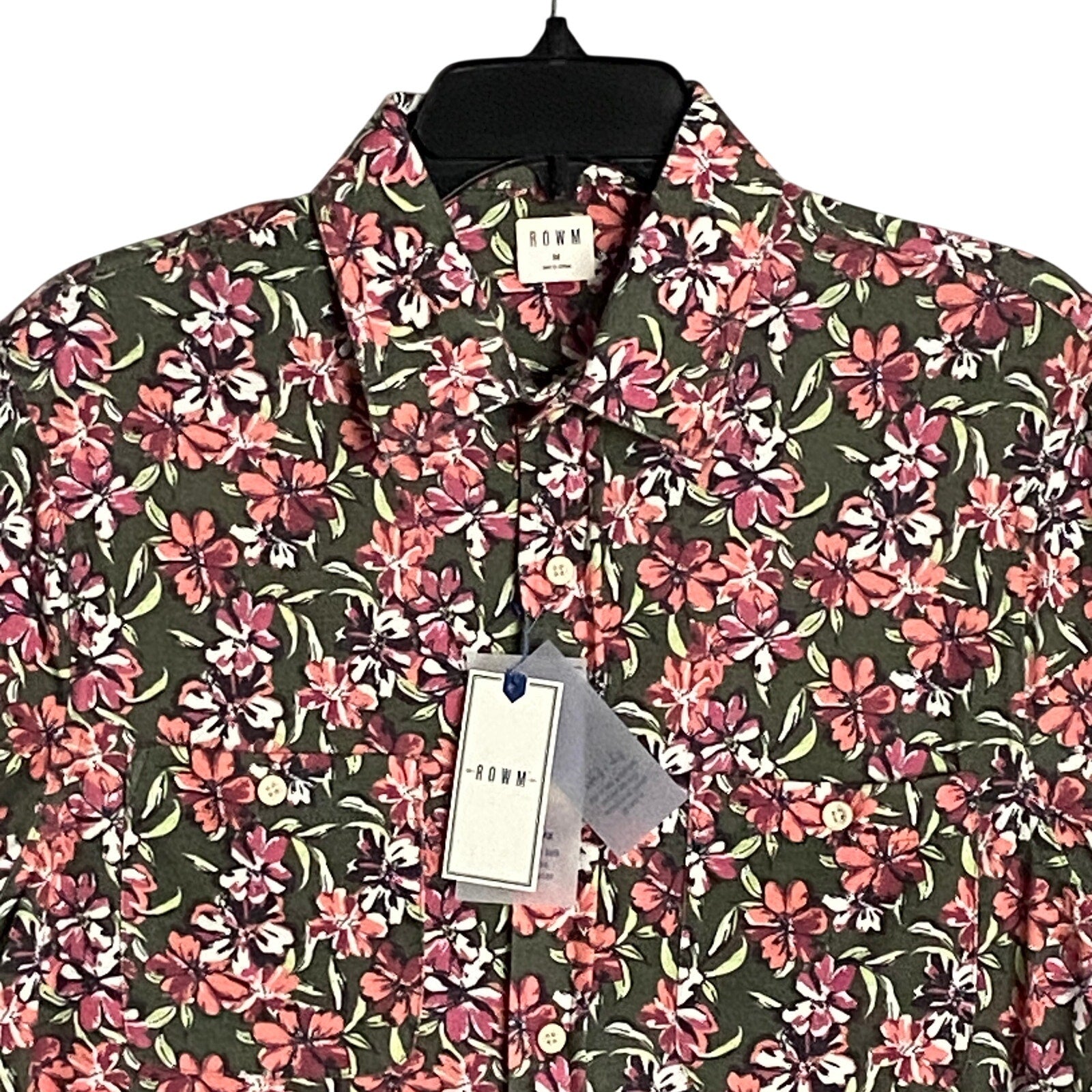 Rowm Men's Shirt Medium Casual Short Sleeve Pockets Pink Gray Floral UPF 30+