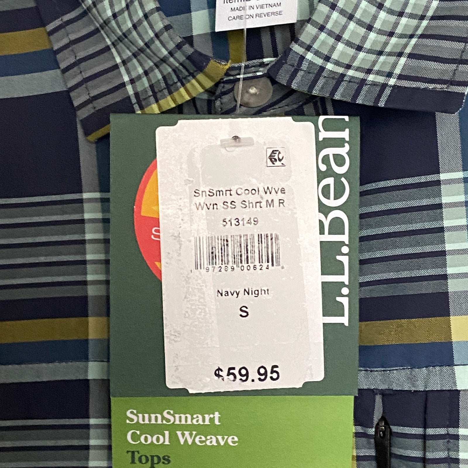 L.L. Bean Casual Shirt Men's Small SunSmart Cool Weave Navy Night Plaid