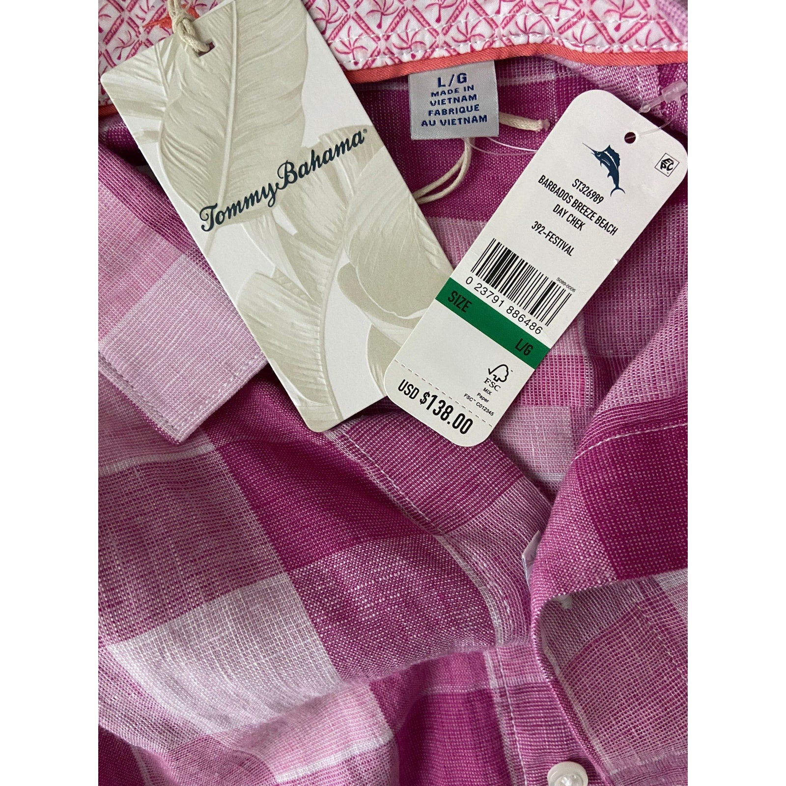 Tommy Bahama Shirt Men's Large "Barbados Breeze Stretch" Pink Linen Blend