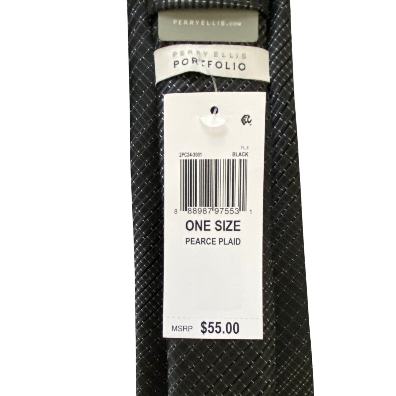 Perry Ellis Portfolio Necktie 3" Black Pearce Plaid Standard Length NEW