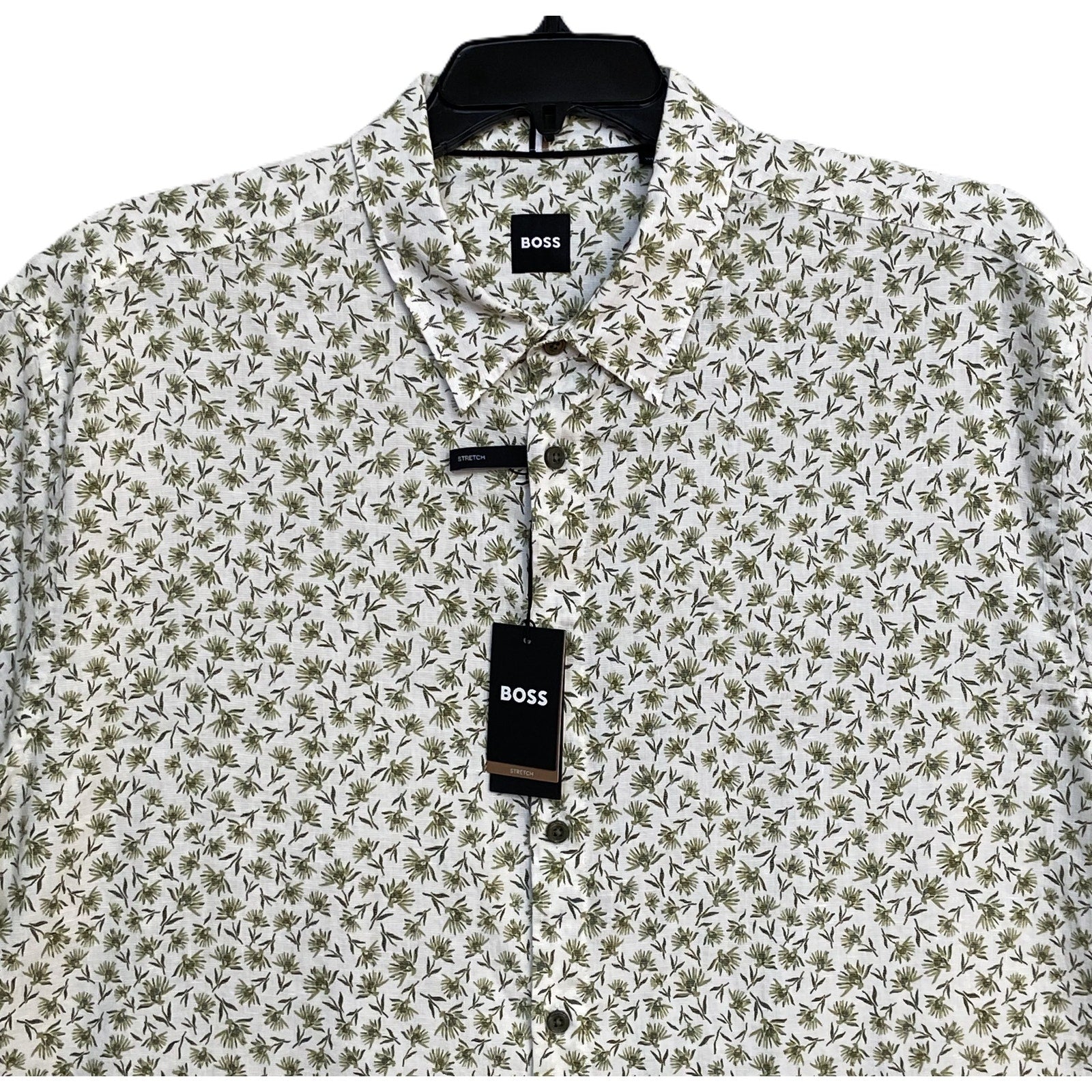 Boss Shirt Men's 3XL Big & Tall Short Slv Stretch Linen Shirt Green Floral