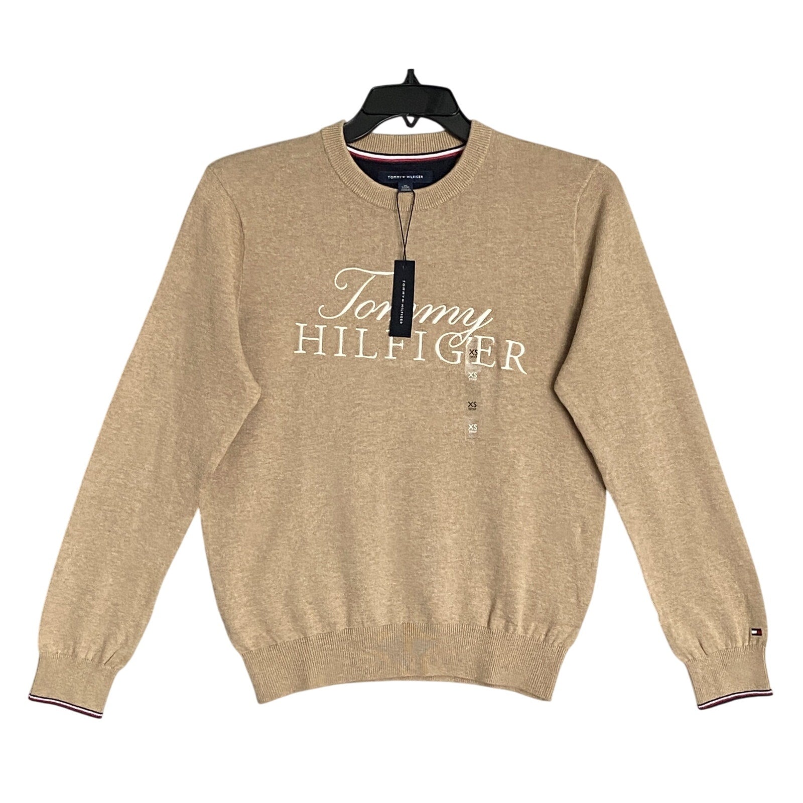 Tommy Hilfiger Sweater Men's XS Signature Crew Neck Embroidered Logo Beige
