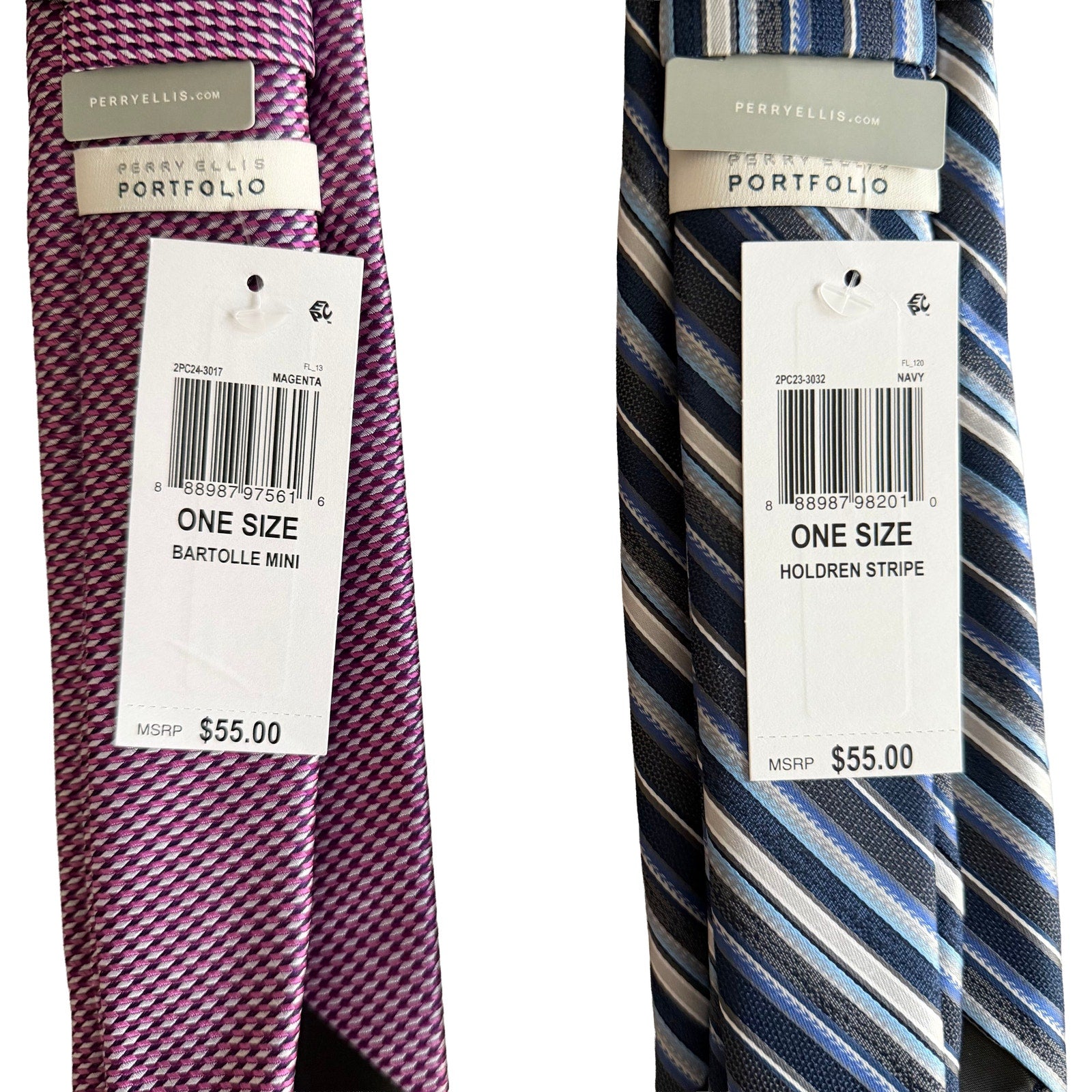 Perry Ellis Portfolio Men's Ties Lot of 2 Magenta Bartolle Mini & Navy Stripe