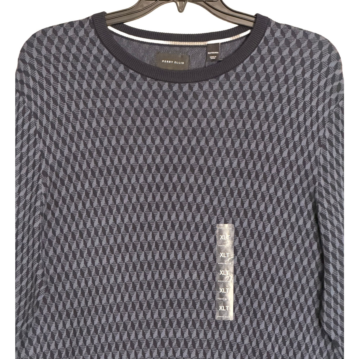 Perry Ellis Men's XLT Big & Tall Geometric Jacquard Crew Neck Sweater Indigo