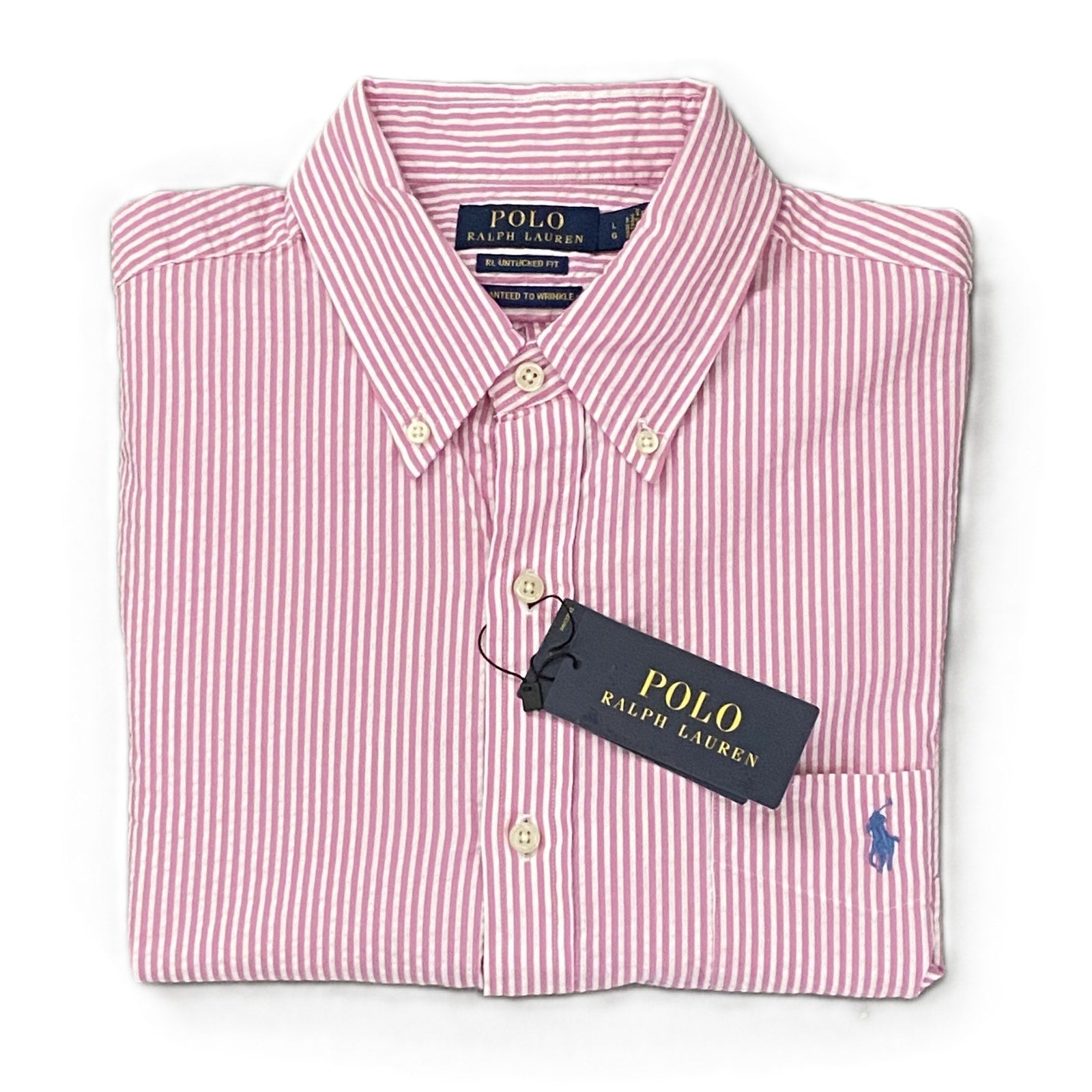 Polo Ralph Lauren Shirt Pink Seersucker Short Slv Untucked Fit Men's Large
