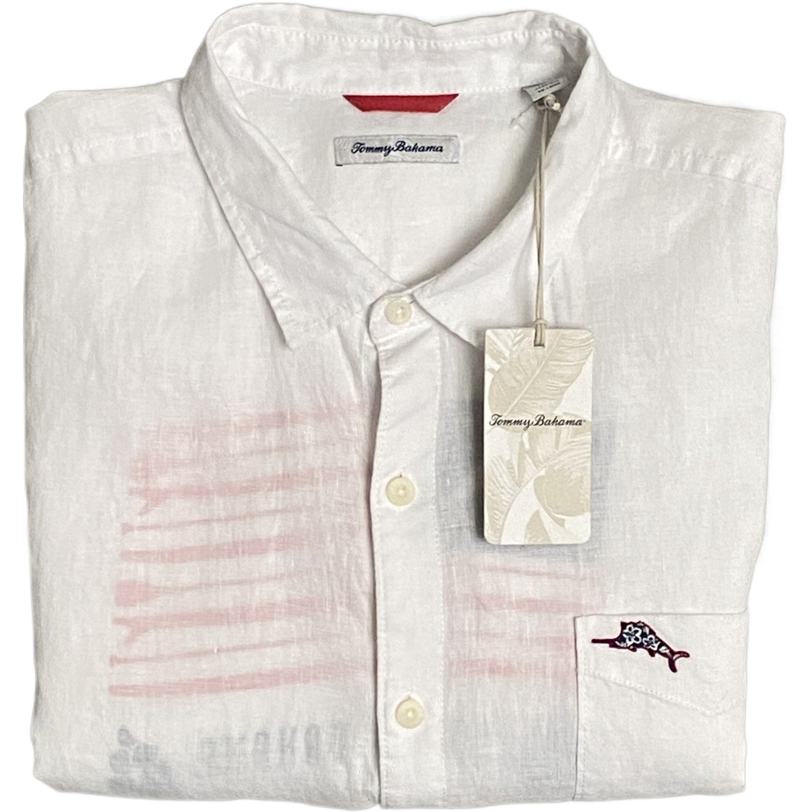 Tommy Bahama Men's 3XL Marlin & Stripes Long Sleeve Linen Shirt White