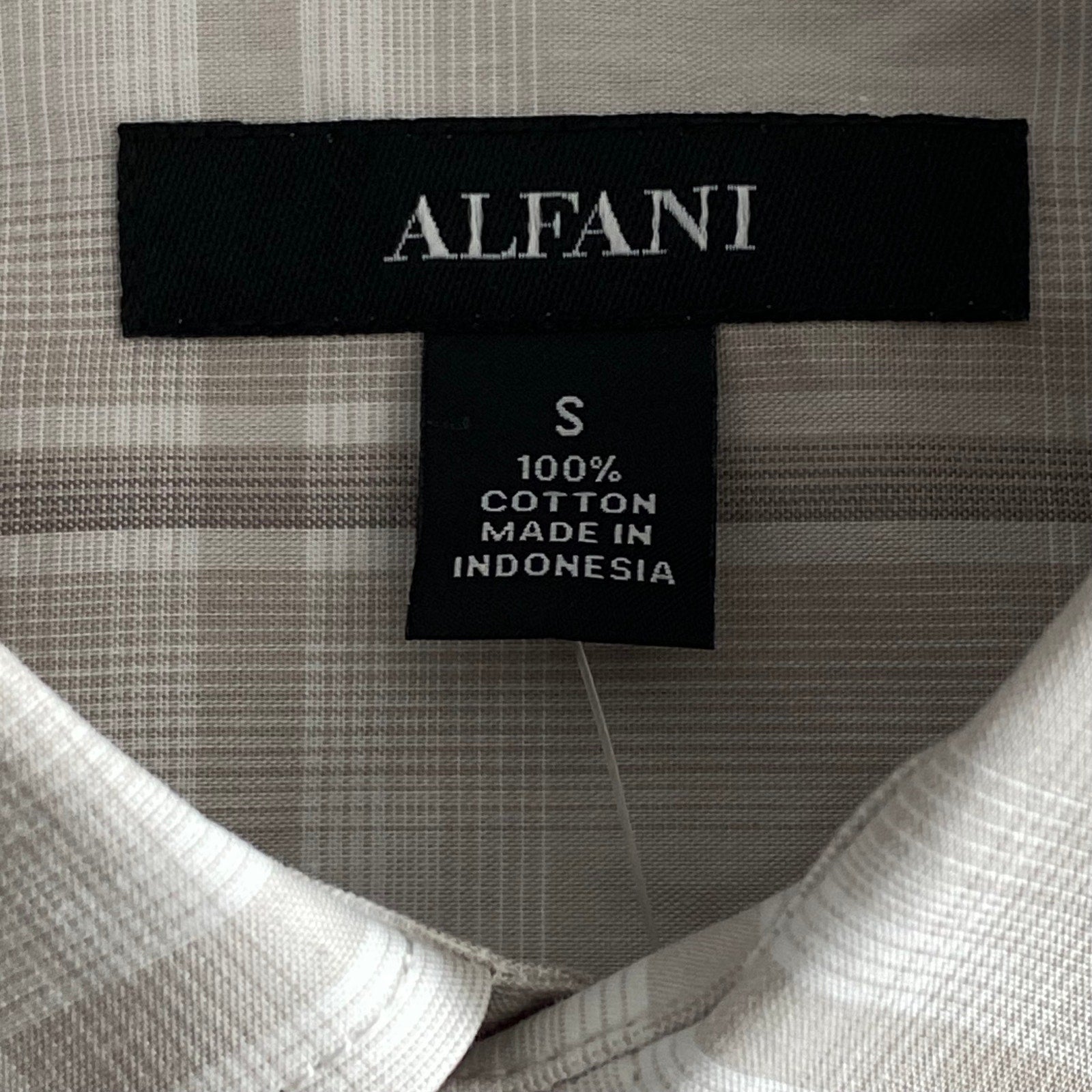Alfani Dress Shirt Men's Small Button-Up Light Brown Window Pane Cotton