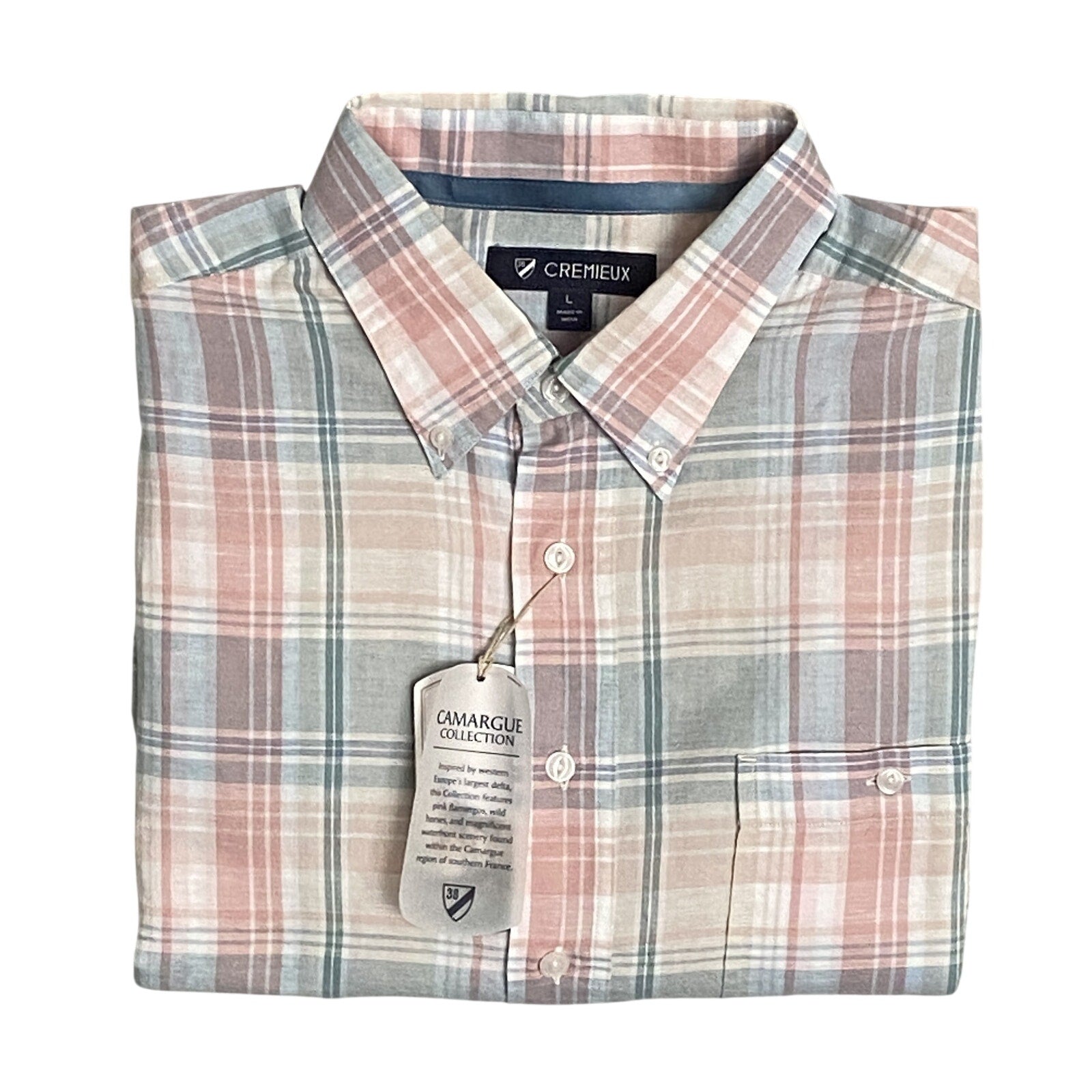 Daniel Cremieux 38 Shirt Men's Large Popover Linen Blend Pink Blue Plaid