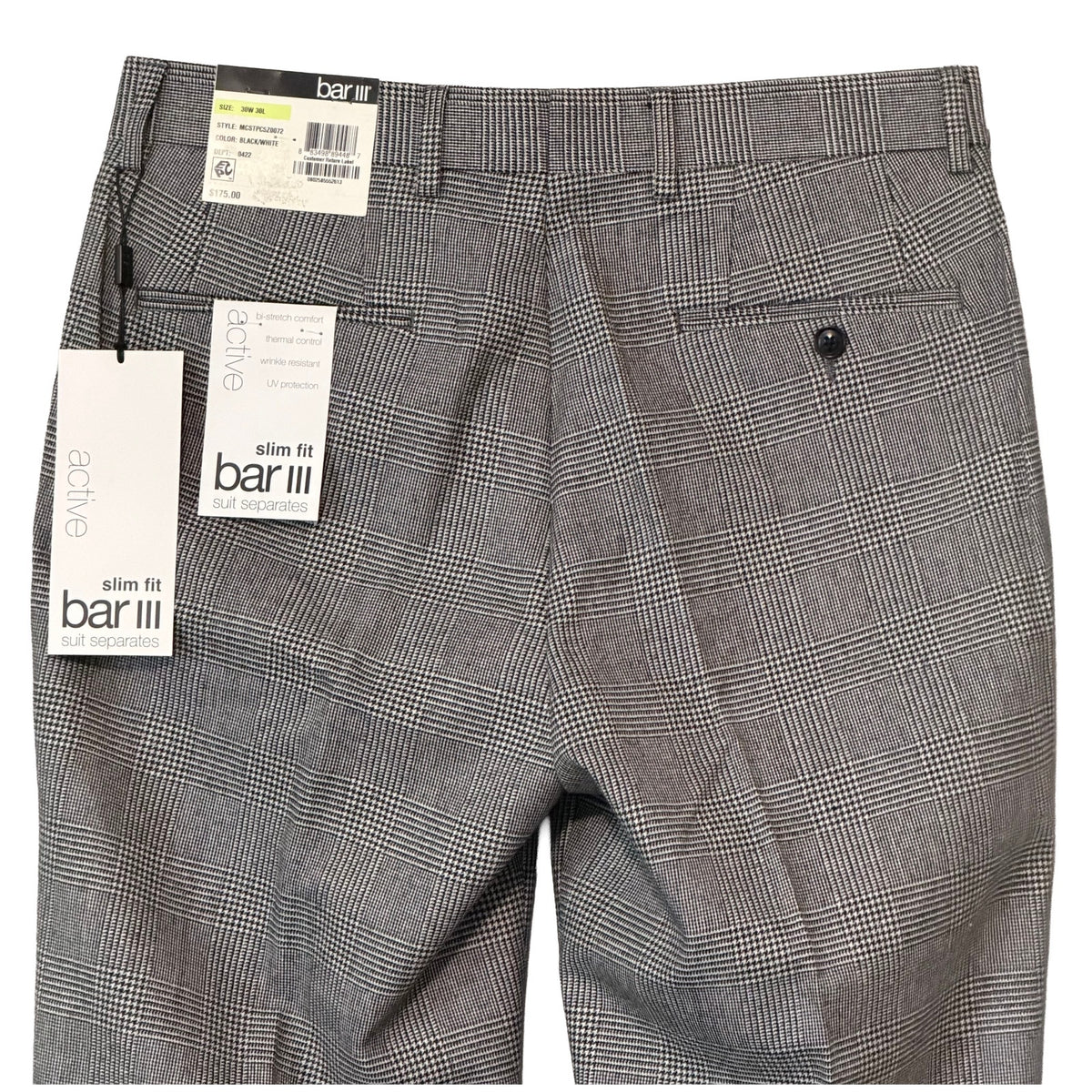 Bar III Dress Pant Men's 30"x30" Slim Fit Wool Blend Black/White Plaid
