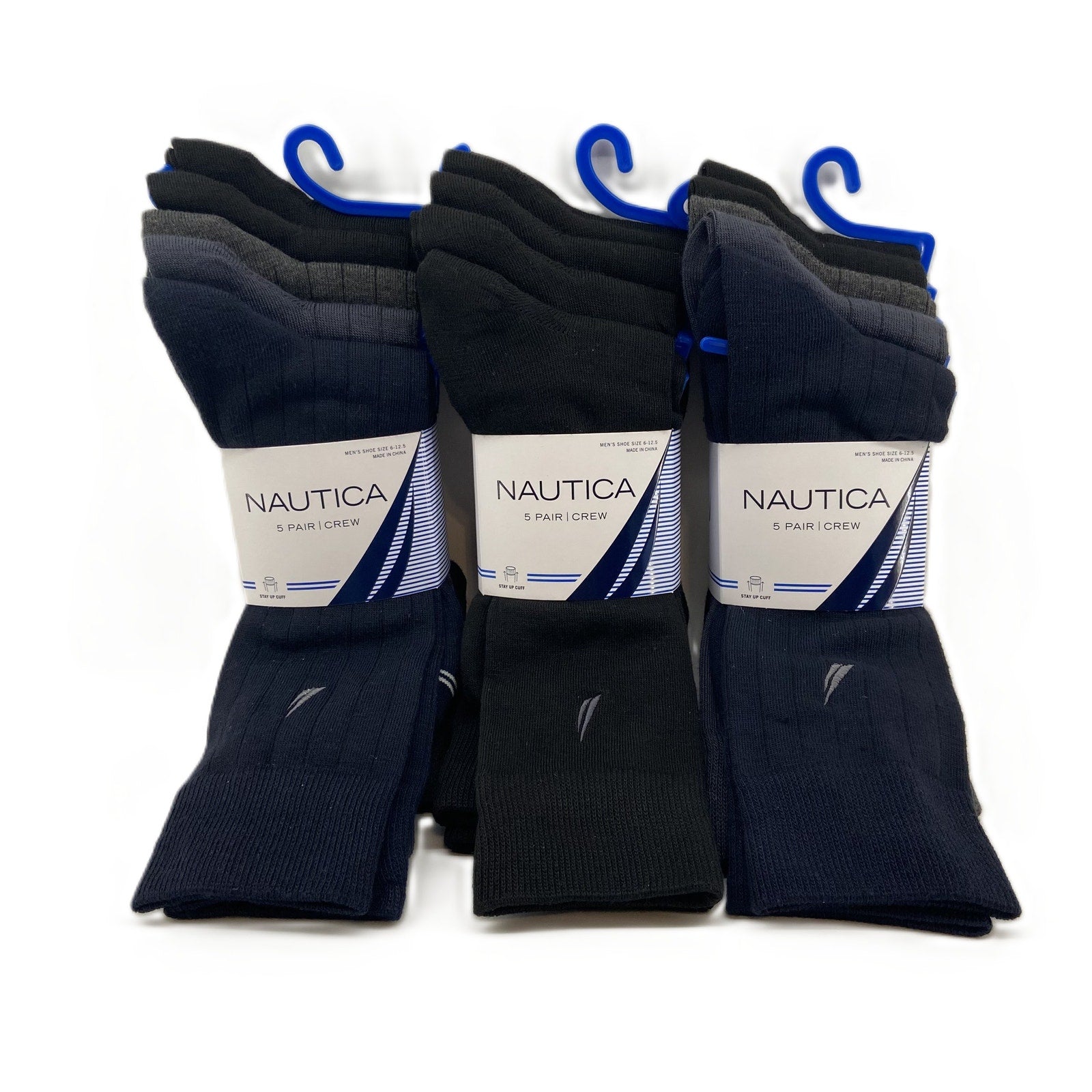 Nautica Crew Socks 15-Pair Men's Shoe Size 6-12.5 Black Gray Blue