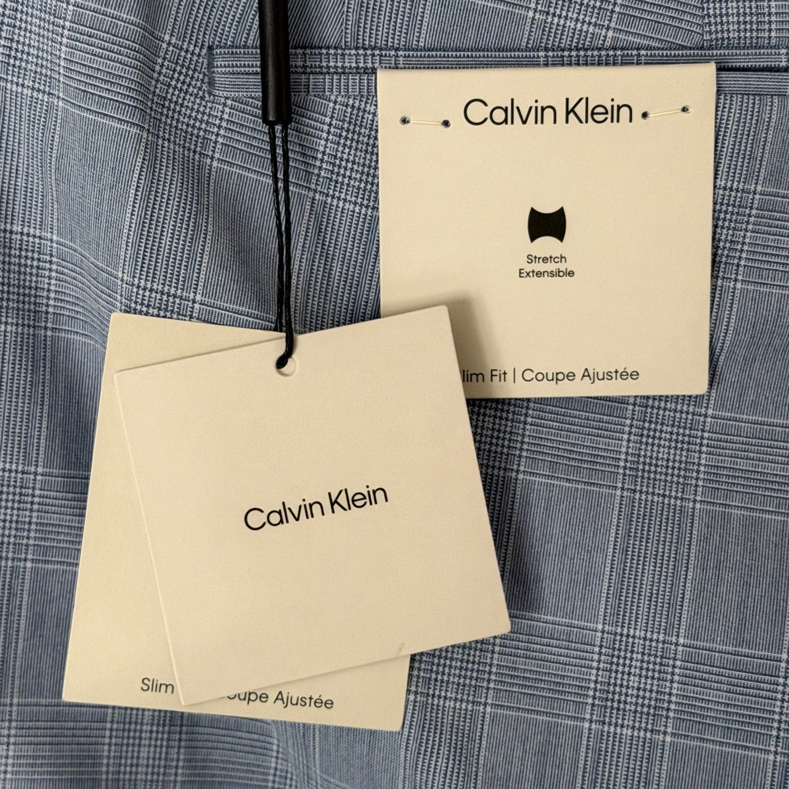 Calvin Klein Dress Pant Men's 42"x30" Slim Fit Flat Front Stretch Blue Plaid