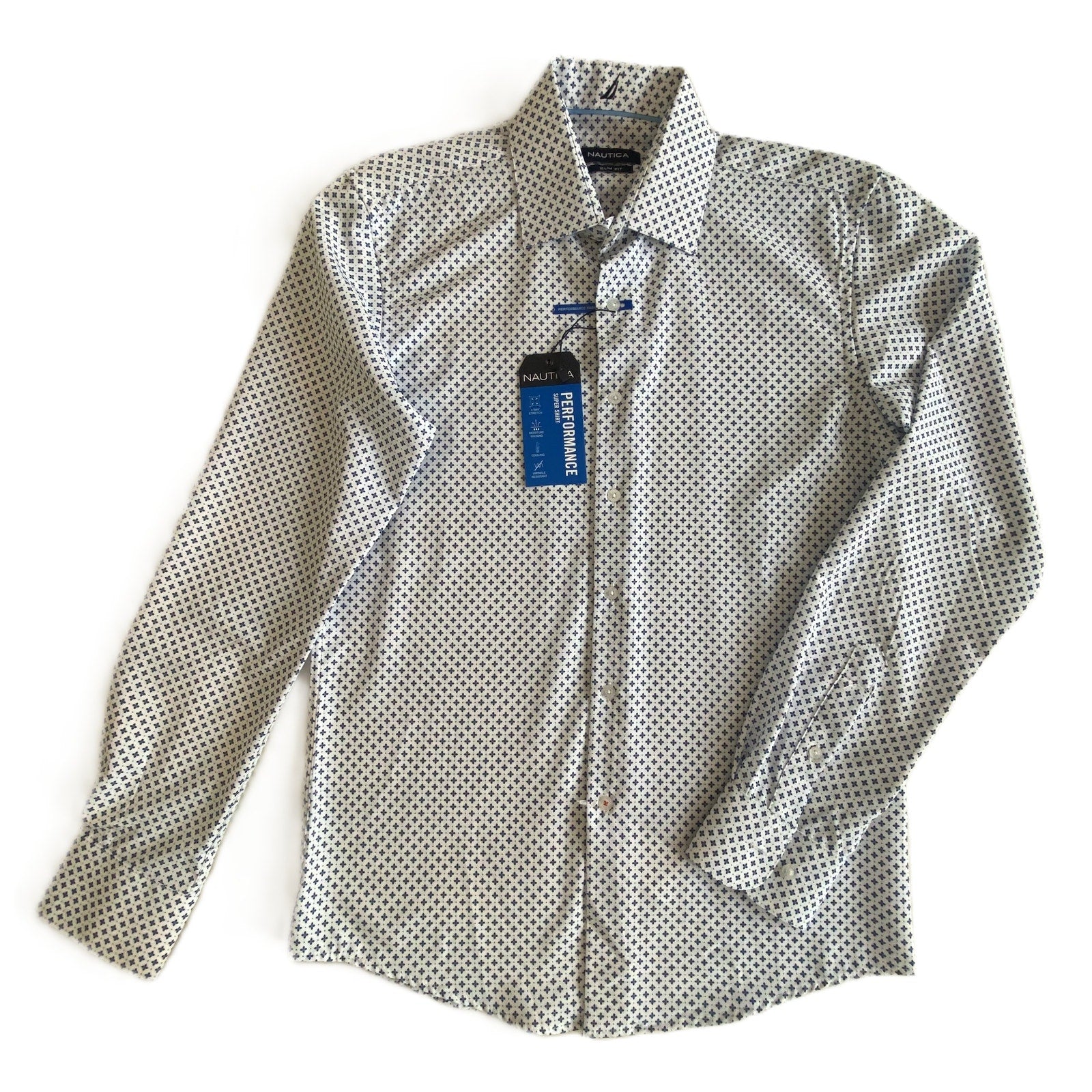 Nautica Dress Shirt Men's 14-14.5 32/33 Performance Slim Fit Blue Floral NEW