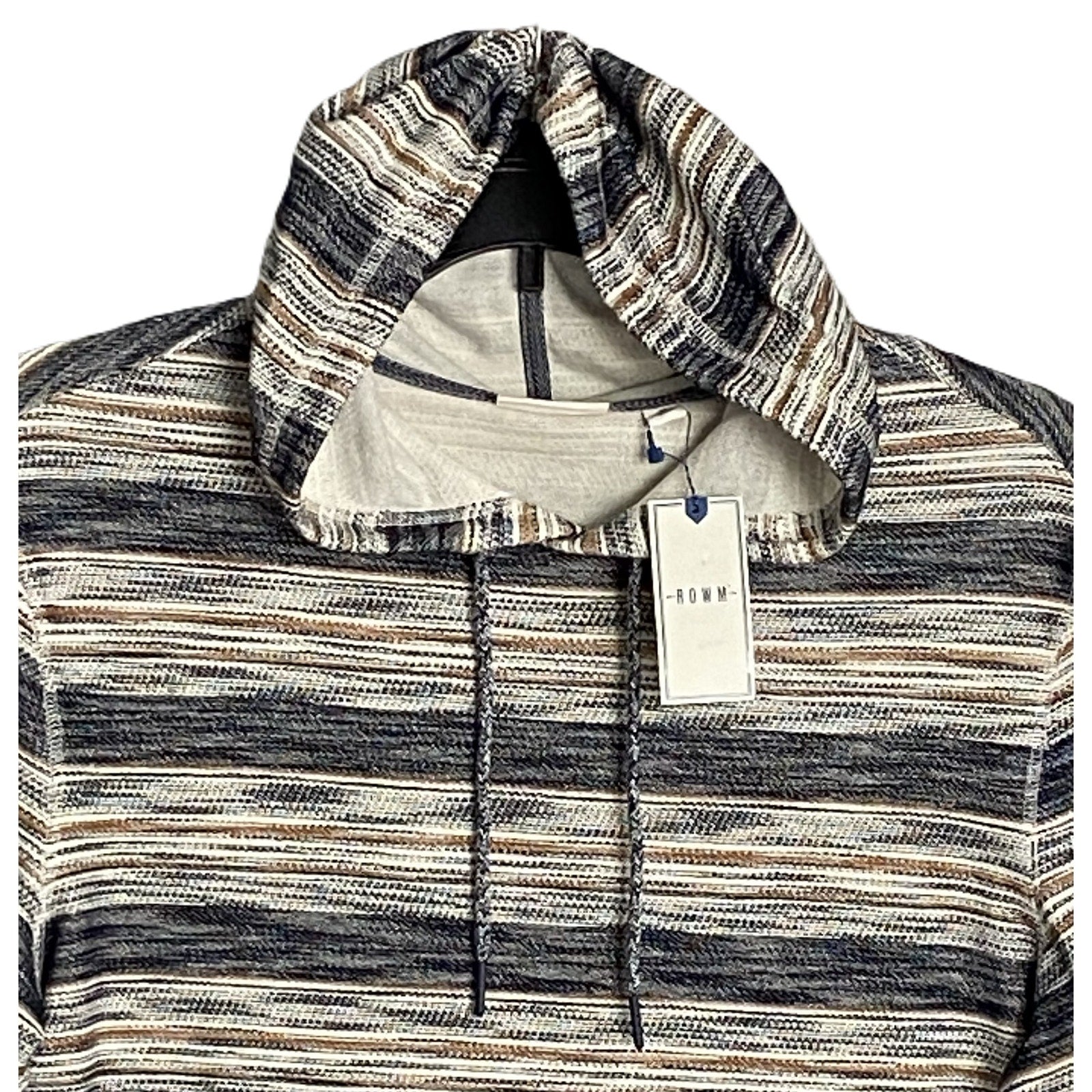 Rowm Long Sleeve Hoodie Men's Small Gray Brown Stripe Cotton