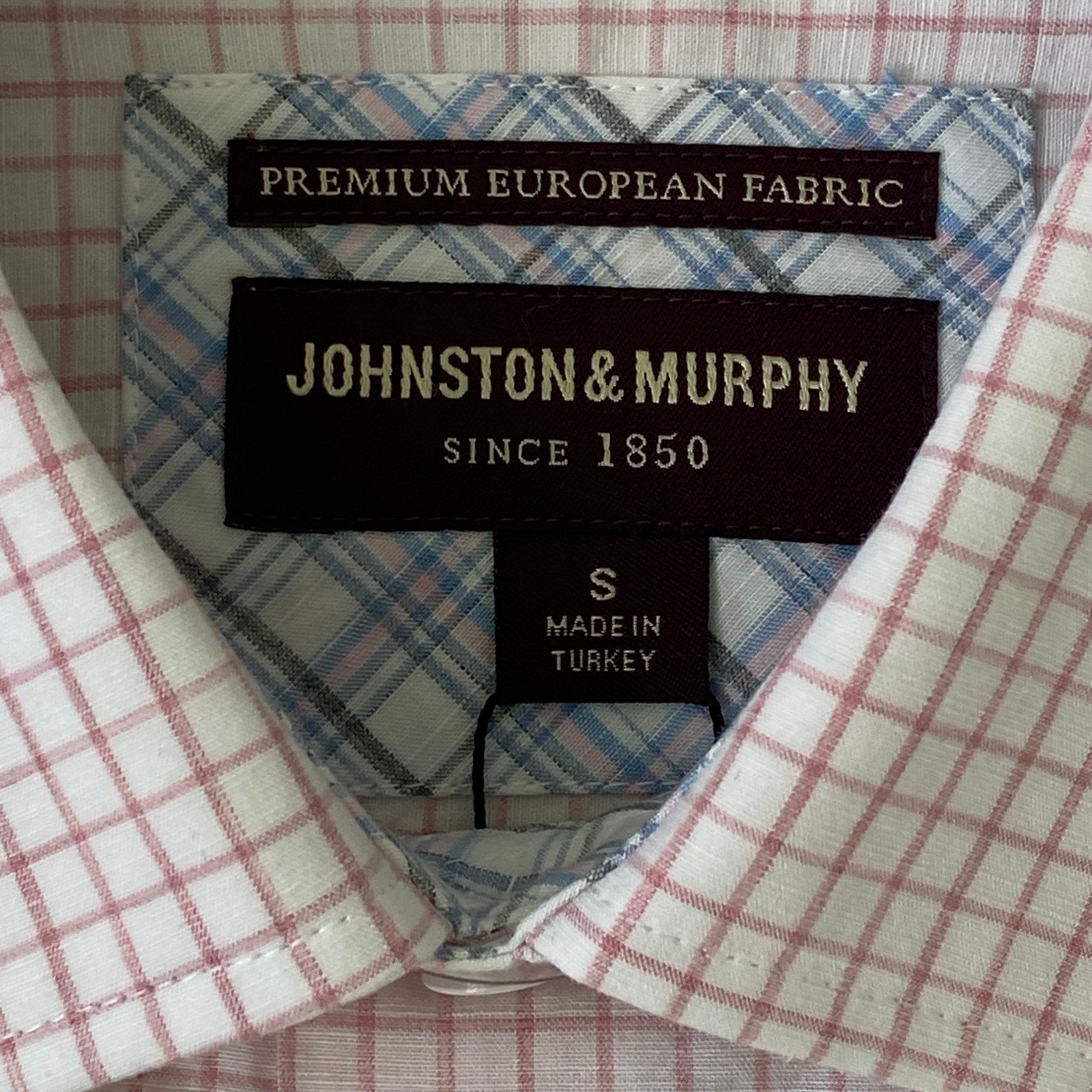 Johnston & Murphy Shirt Men's Small Button-Up Shirt Linen Blend Pink Check