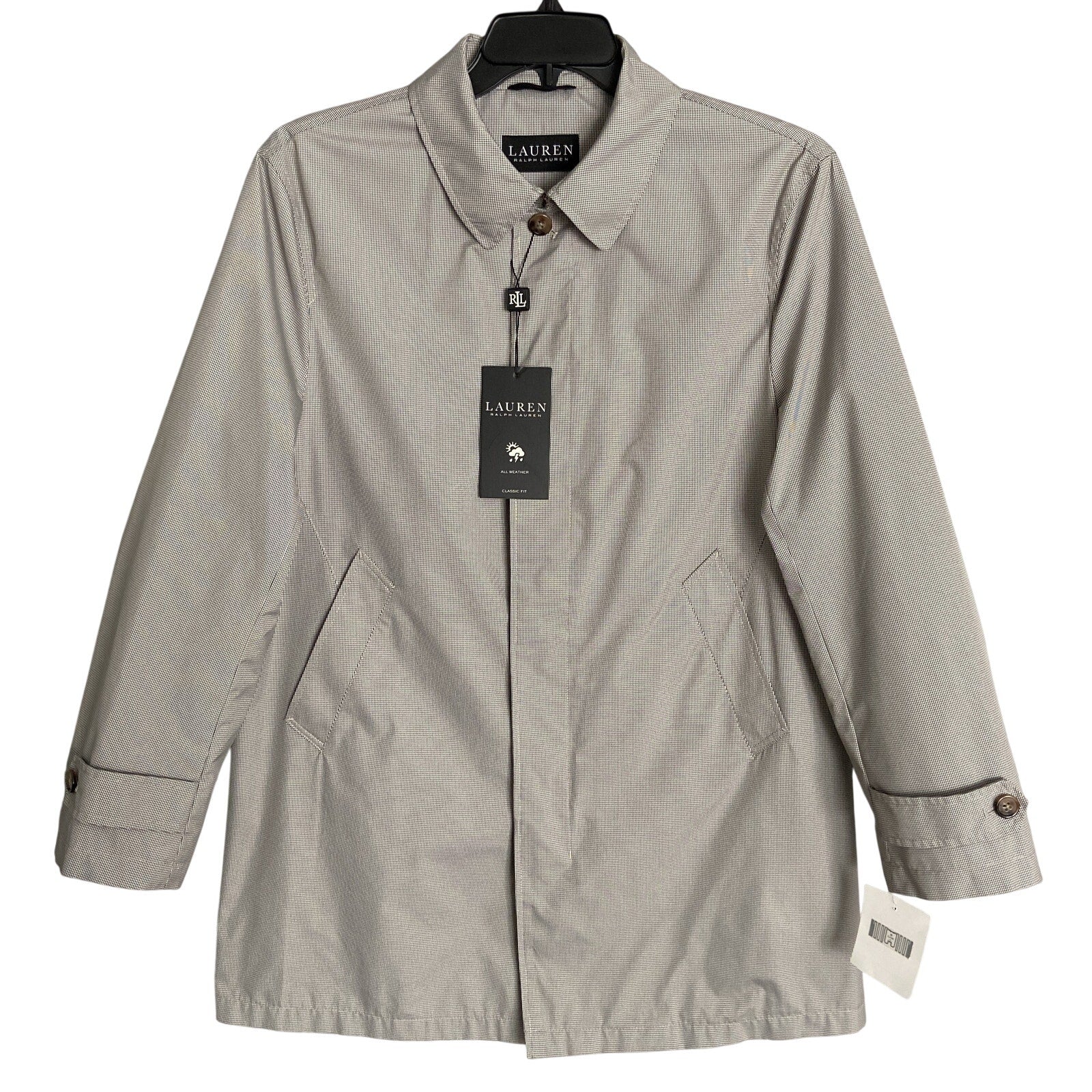 Lauren Ralph Lauren Coat Men's 40 Short All Weather Cream Brown Houndstooth