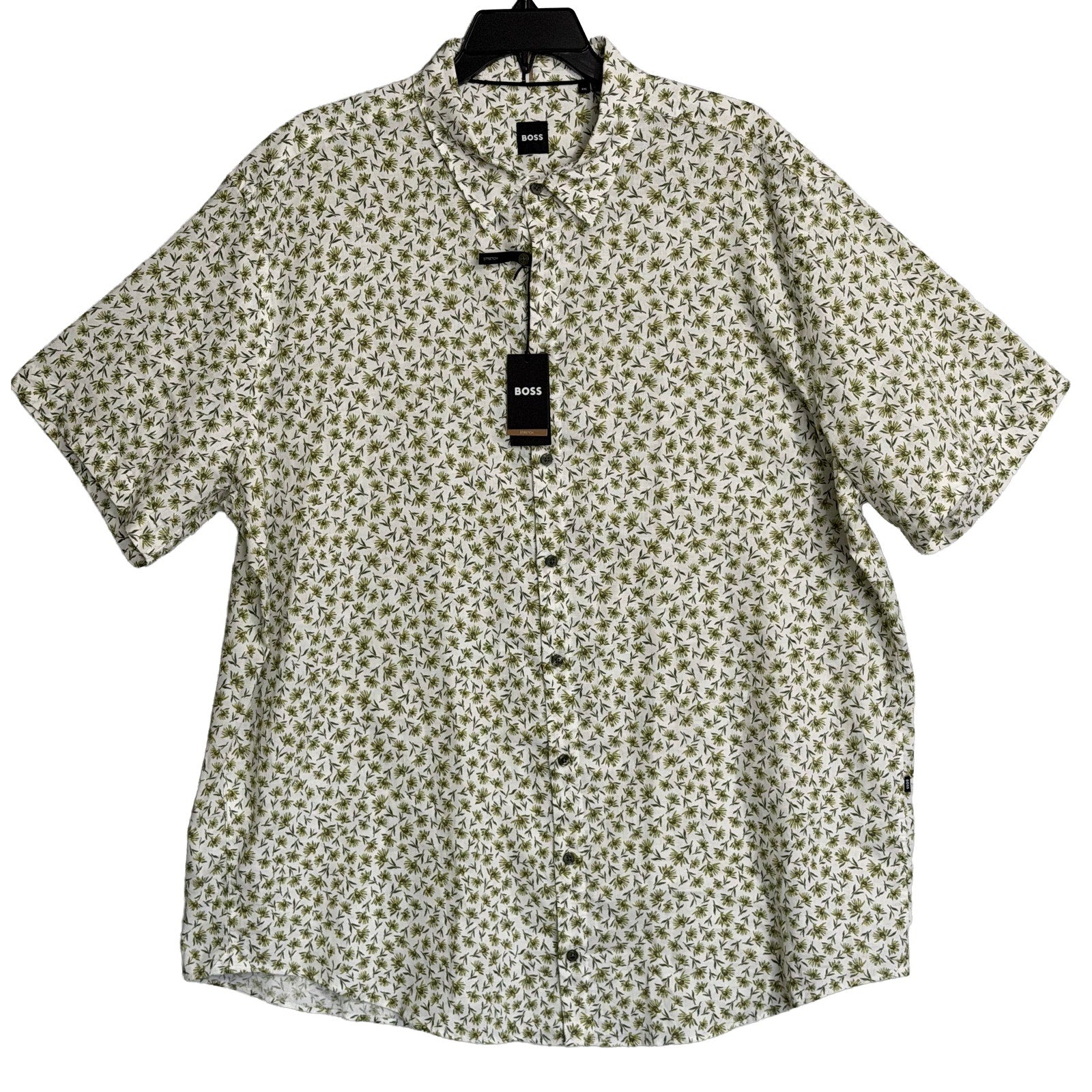 Boss Shirt Men's 3XL Big & Tall Short Slv Stretch Linen Shirt Green Floral