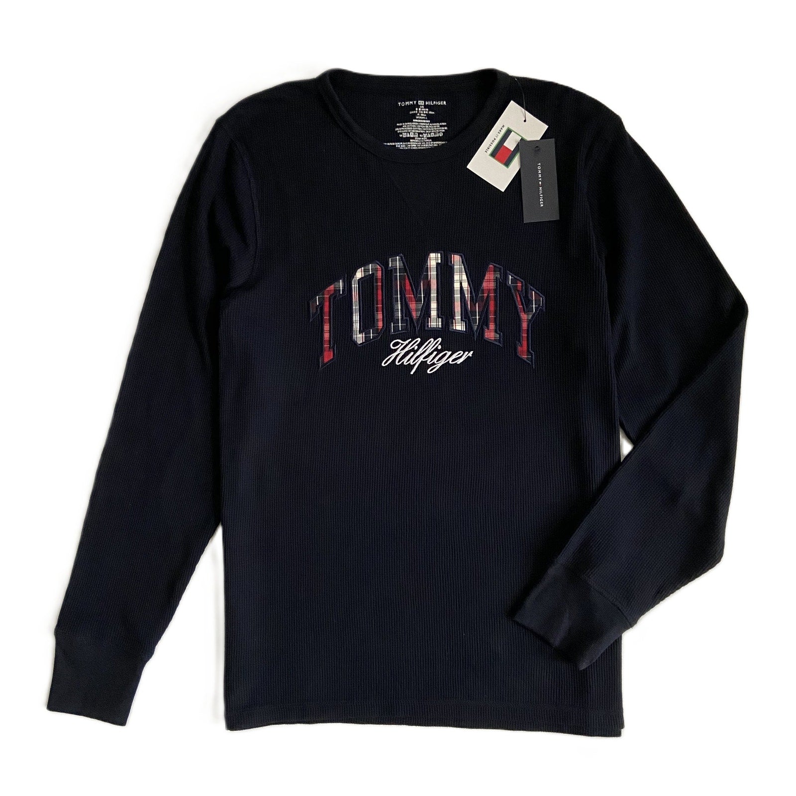 Tommy Hilfiger Tee Men's Large Long Sleeve Waffle-Knit Crew Neck Navy Blue