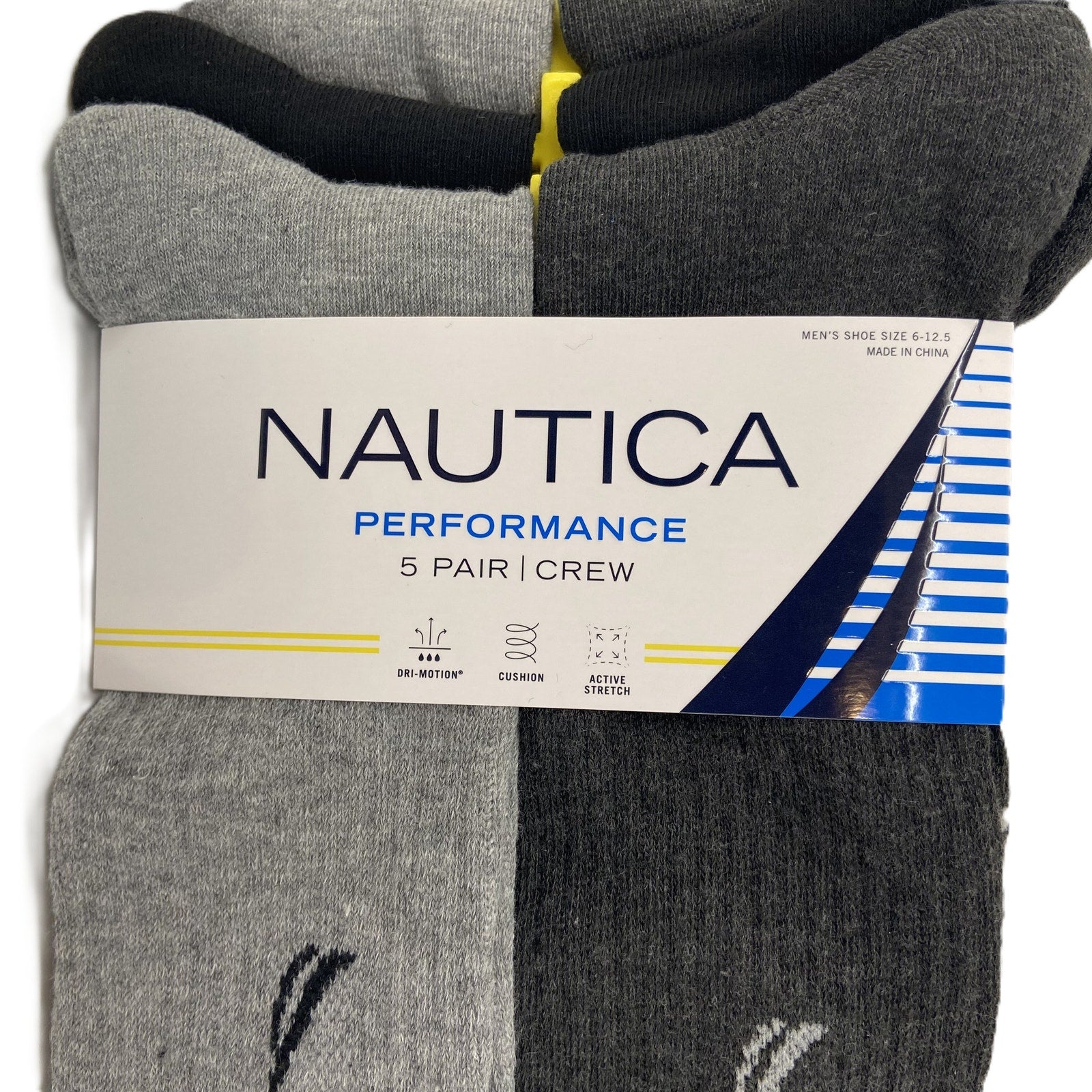 Nautica Performance Crew Socks 5-Pack Men's Shoe Size 6-12.5 Gray Black