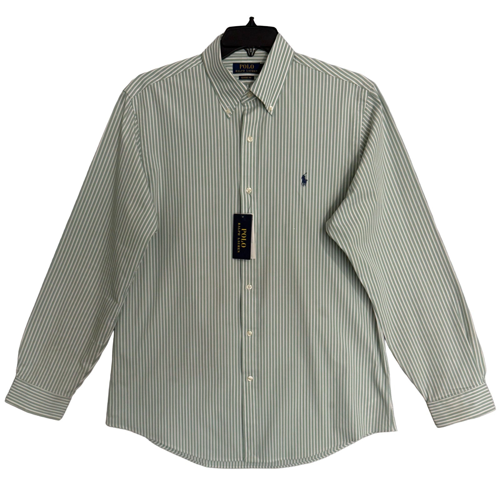Polo Ralph Lauren Shirt Men's Large Classic Fit Dress Shirt Green White