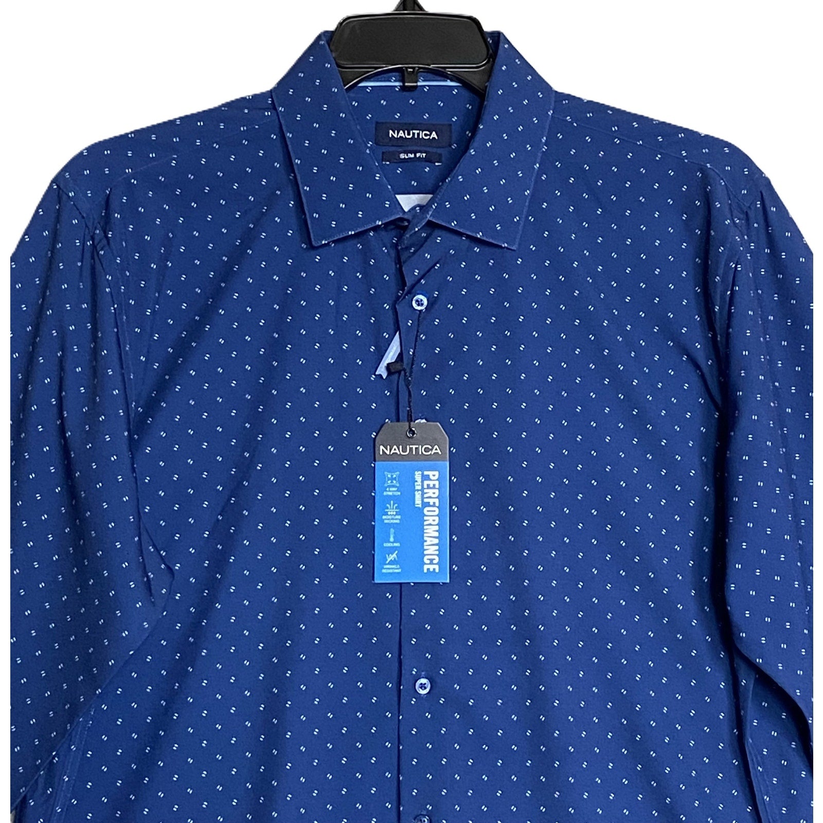 Nautica Dress Shirt Men's XL 17-17.5 34/35 Performance Slim Fit Blue Geo