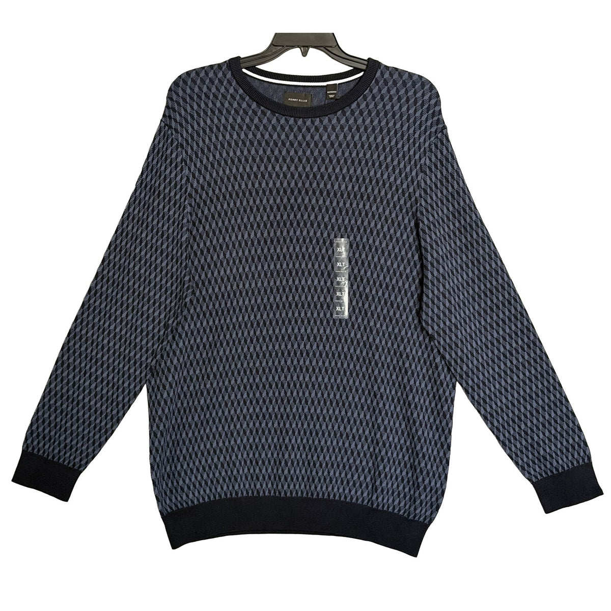 Perry Ellis Men's XLT Big & Tall Geometric Jacquard Crew Neck Sweater Indigo